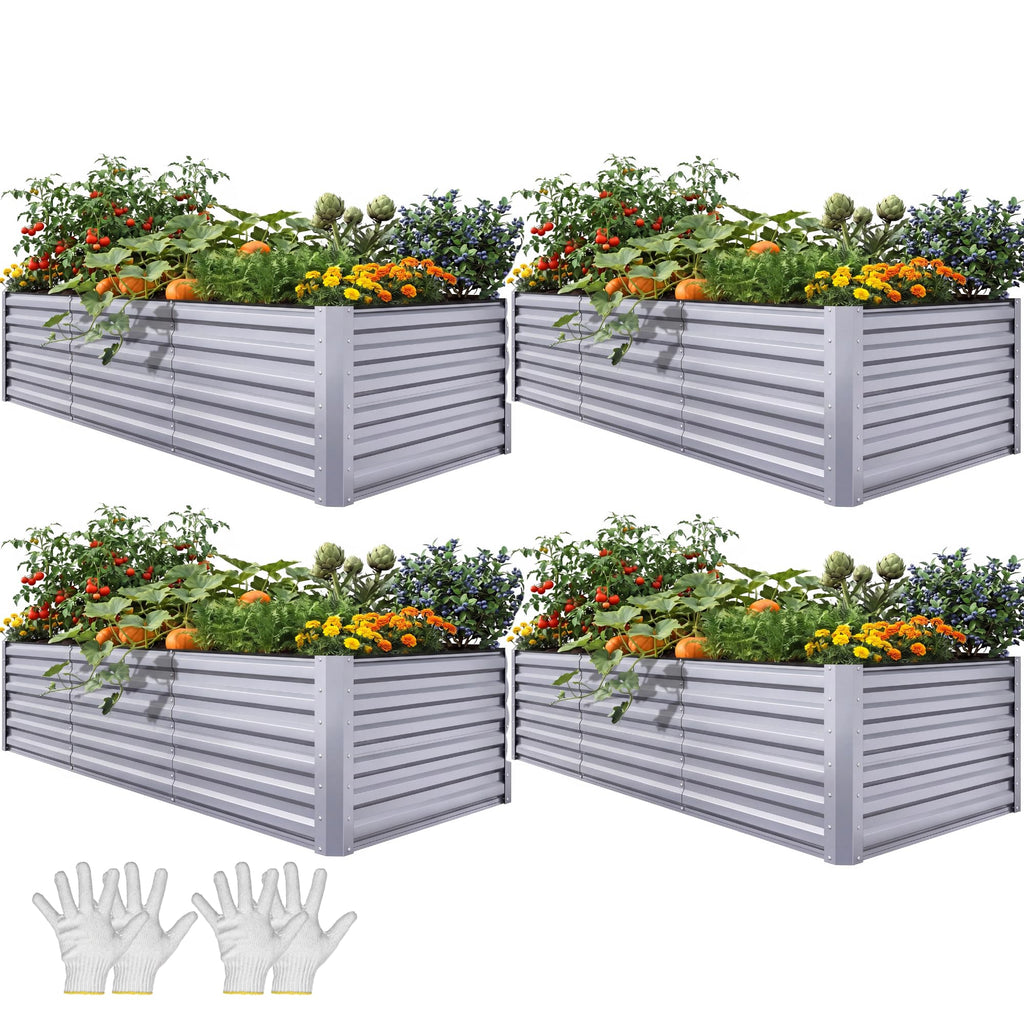 YITAHOME 8x4x2 ft 4pcs Galvanized Raised Garden Bed Kit, Large Metal Planter Box with Gloves, Safety Rubber & Support Rod, Outdoor Flower Bed for Plants Vegetables, Silver
