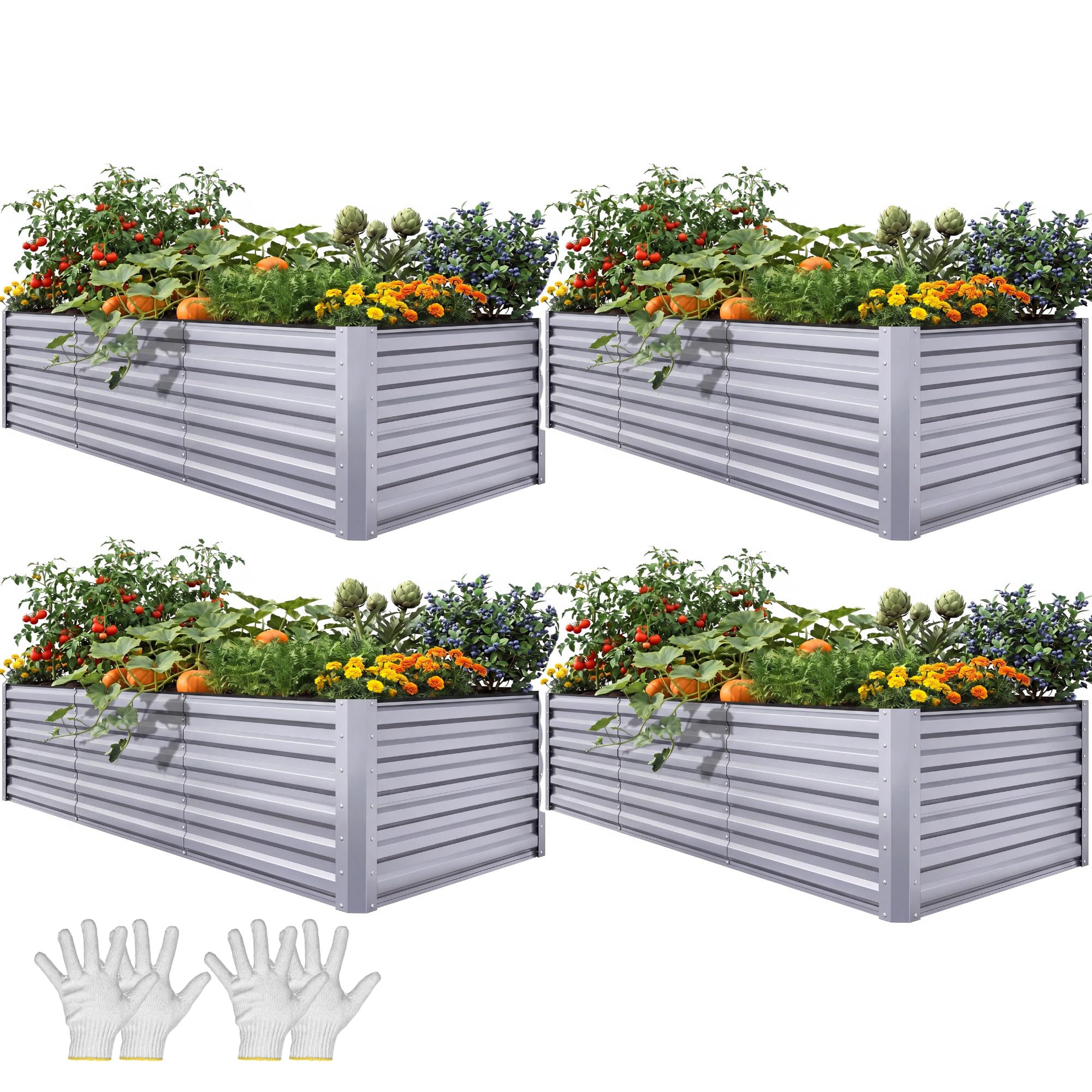 YITAHOME 8x4x2 ft 4pcs Galvanized Raised Garden Bed Kit, Large Metal Planter Box with Gloves, Safety Rubber & Support Rod, Outdoor Flower Bed for Plants Vegetables, Silver