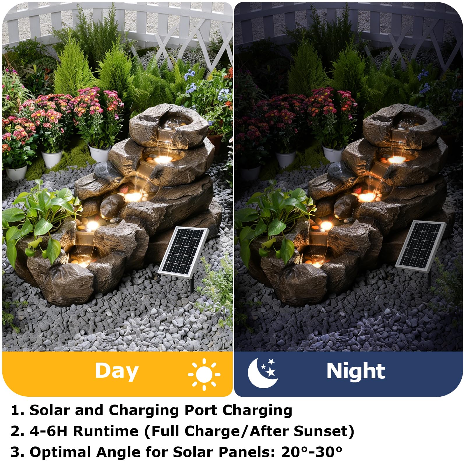 Pivotify 38.2" L Solar Water Fountain Outdoor,5-Tier Rock Waterfall Fountains Solar Powered Floor Standing Outdoor Water Feature with LED Lights for Patio, Garden,Porch, Yard, Home Art Decor（Brown）