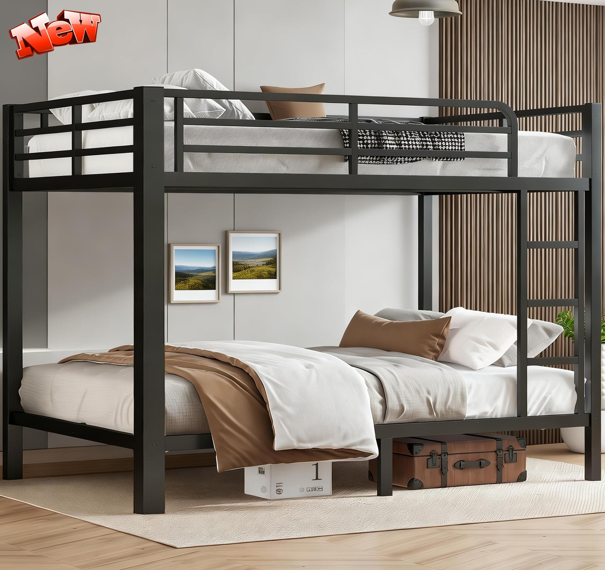 SIMPLEZC Upgraded Version Thickened Heavy-Duty Metal Full XL Over Full XL Bunk Bed, Higher Quality & Stronger Steel Bunk Bed Full XL Size with Ladder and Guard Rail for Adults (Black, Full XL)