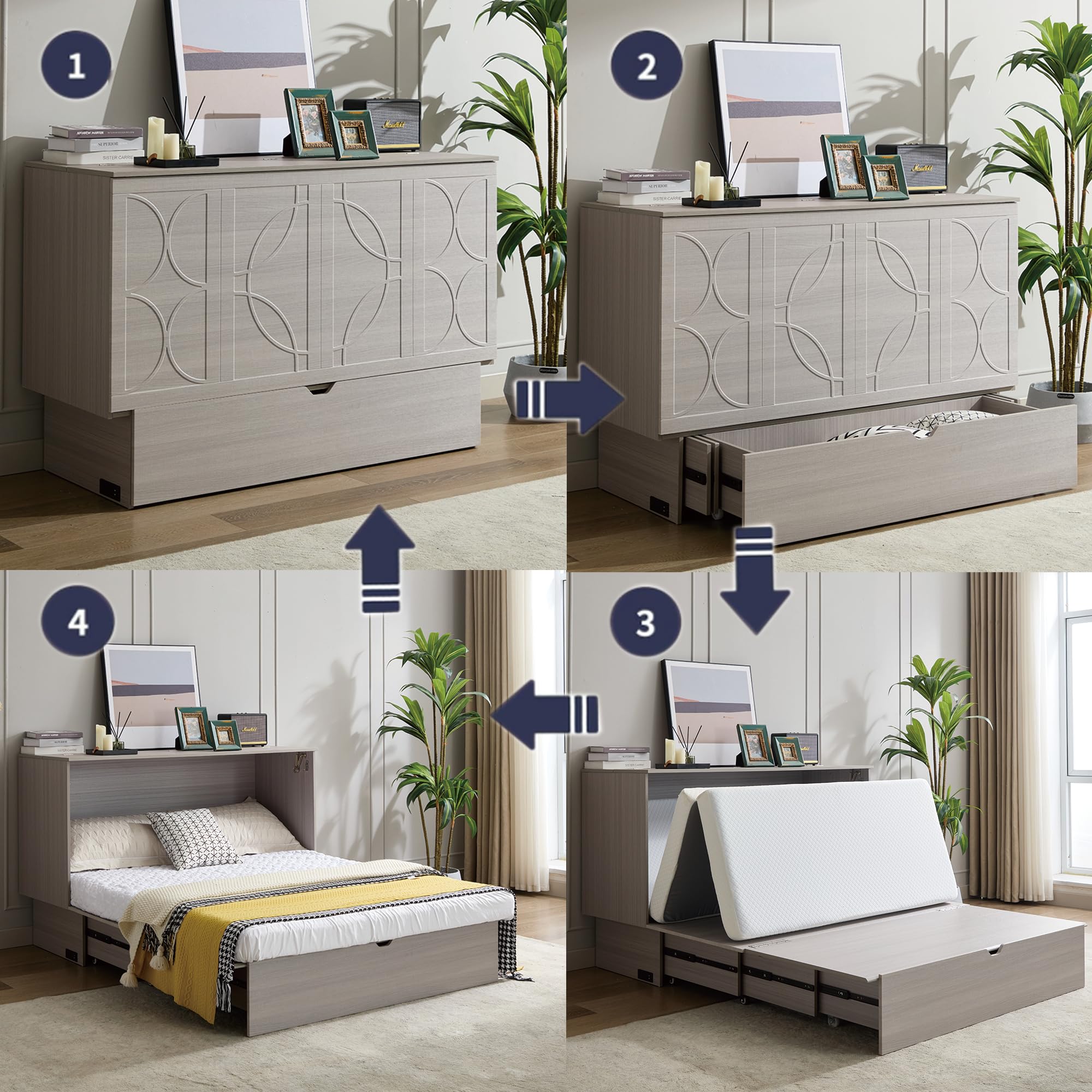 KEIKI Murphy Bed Cabinet Queen - Foldable Wall Bed with Foam Mattress, 2 Large Storage Drawers & USB Charging Station, Space Saving Furniture for Guest Room, Bedroom, Office, Living Room, Grey