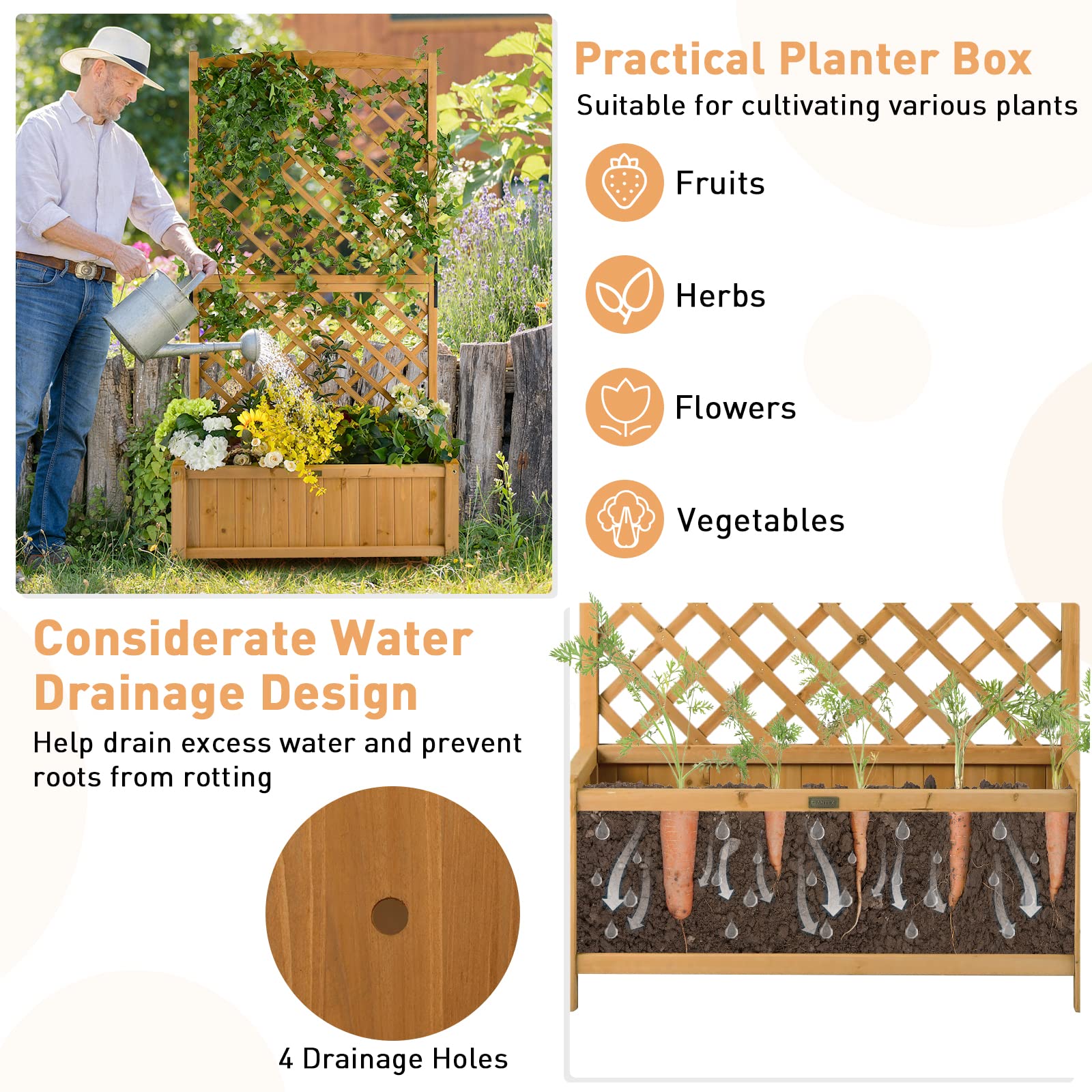 Giantex Raised Garden Bed with Trellis 2 Pack, 72'' Wooden Planter Box Outdoor w/Privacy Screen Roof, Large Vertical Garden Planter w/Drainage Holes for Climbing Plants, Patio Balcony Backyard