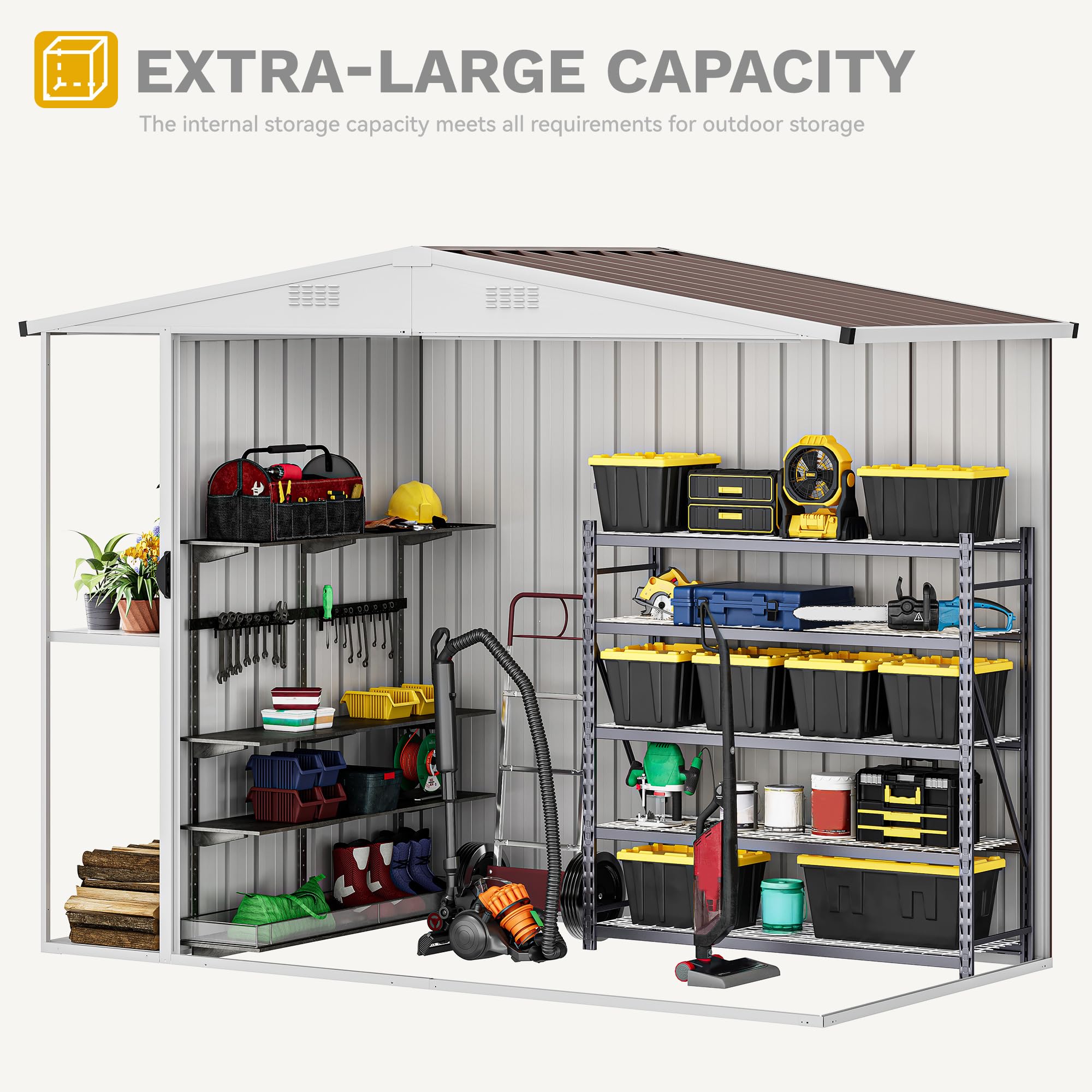 DWVO Outdoor Storage Shed 8x4FT with Rack, Metal Garden Shed with Storage Shelves, Bike Storage Tool Cabinet Box for Lawn Backyard Patio Use, Brown