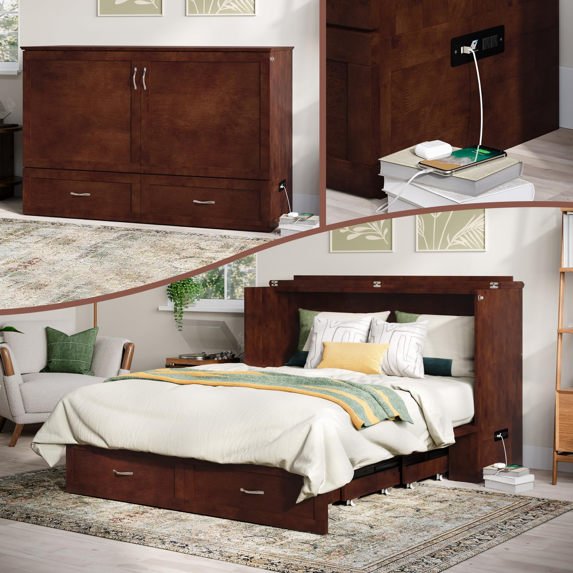 AFI, Raleigh Modern Queen Solid Wood Murphy Bed Chest with 6" Mattress, Storage Drawer & Built-in USB Charger, Walnut