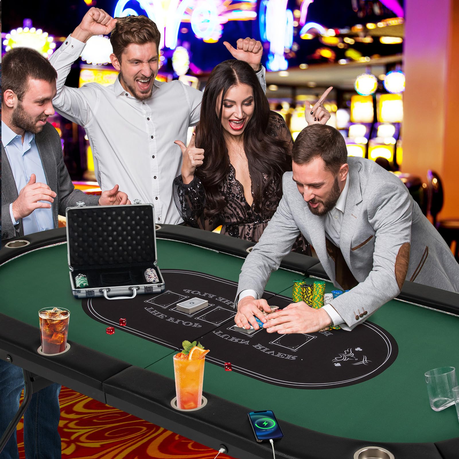 Giantex 10 Players Poker Table with Cup Holder, Folding Casino Leisure Table with 4 USB Ports, Extra Lights, Easy to Assemble, Foldable Game Poker Tables for Texas, Card Games (Green)
