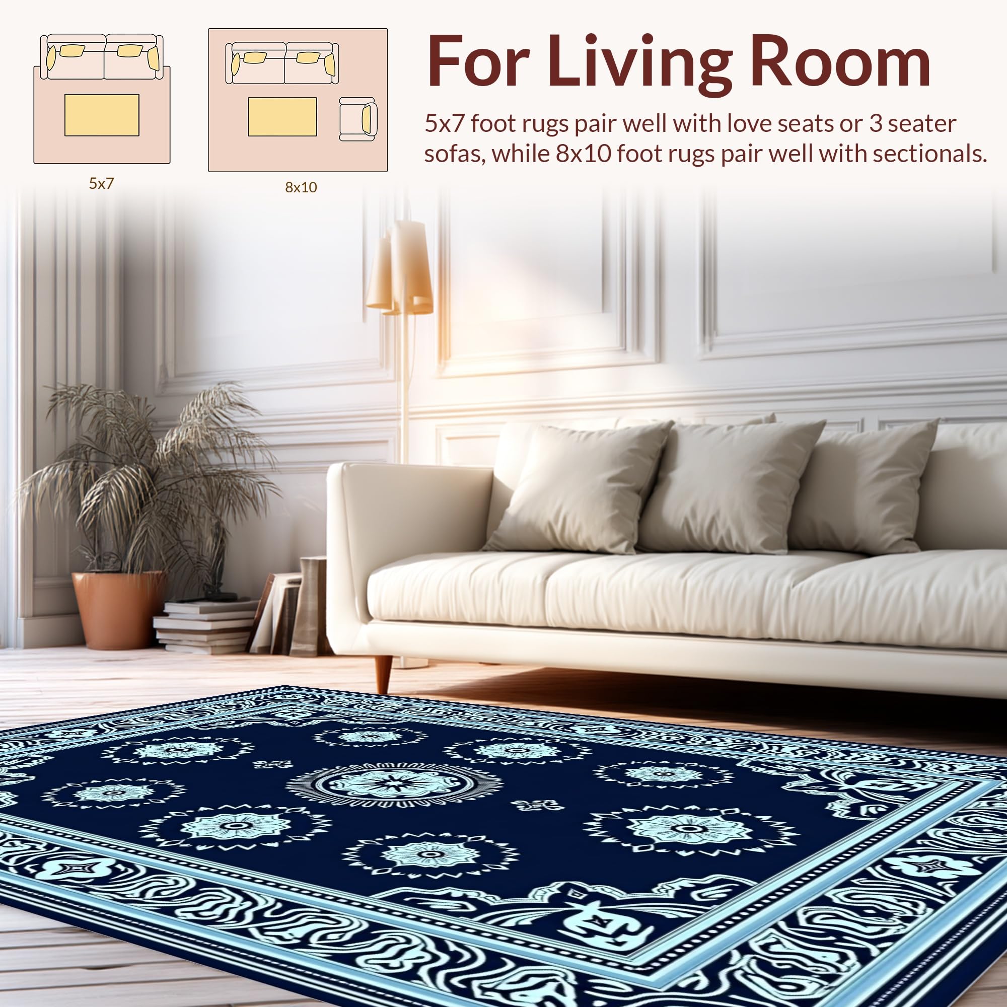 Design&I Low Pile Flatwoven Area Rug 8x10, Premium Zen Relaxation Mat with Eastern Inspired Motifs, Machine Washable, Stain Resistant Indoor Rug for Living Room, Bedroom, Non Slip(Blue, 8x10)