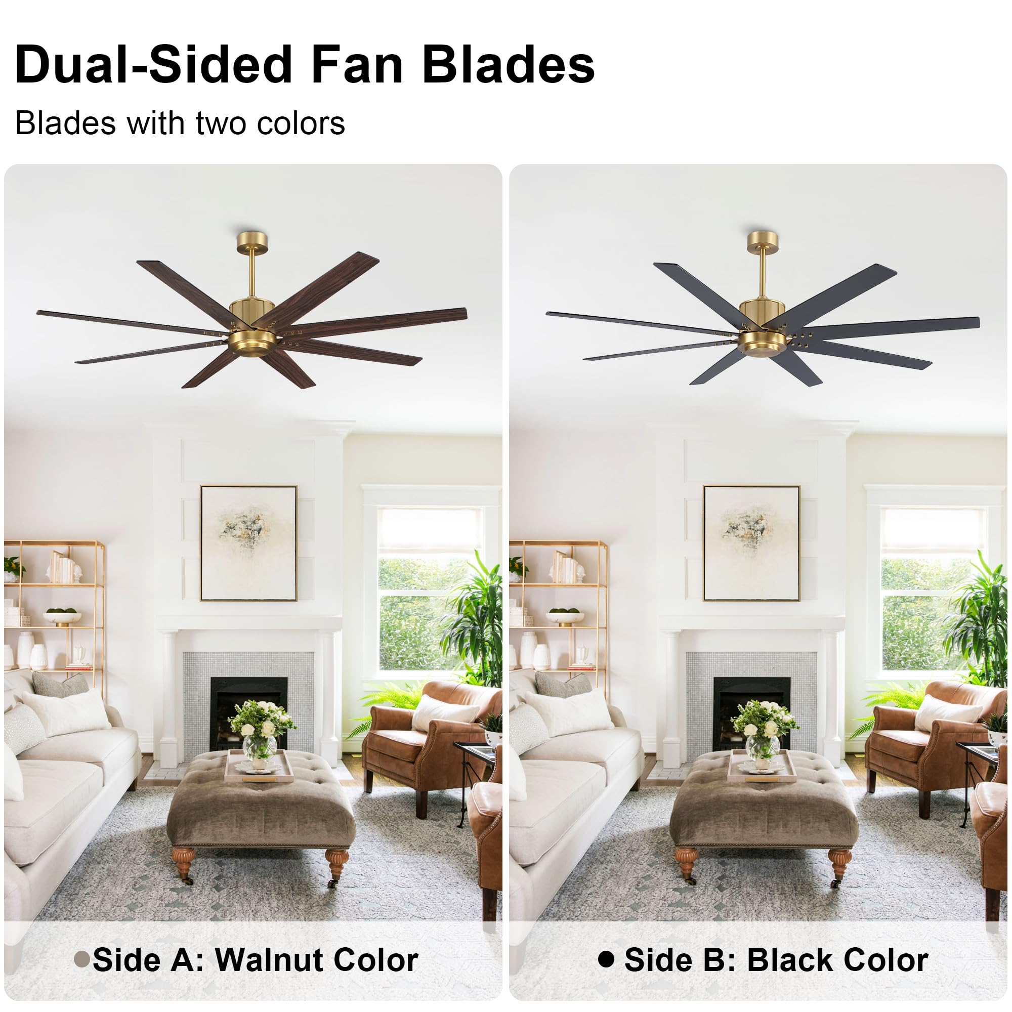 WINGBO 72" Ceiling Fan without Light, Modern Large Ceiling Fan with Remote Control, 6-Speed Reversible Noiseless DC Motor, Gold and Black/Walnut Blades for Living Room, Bedroom & Covered Outdoor