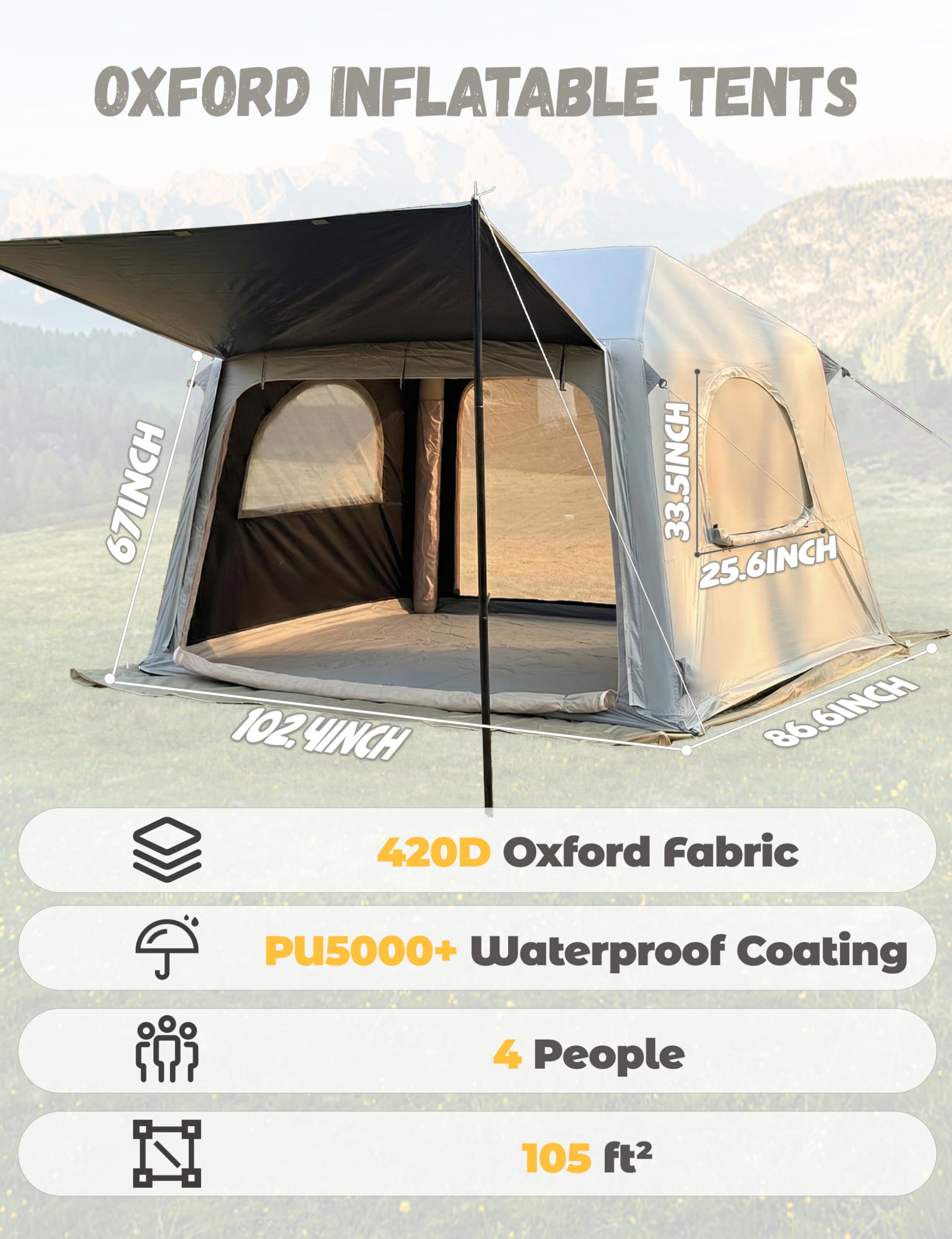 Blackout Inflatable Camping Tent with Awning, Waterproof Oxford Fabric Air Tent, Quick Setup Blow Up Tent with Hand Pump, 4 Person 4-Season Tent with 3x3M Ground Tarp for Camping Glamping