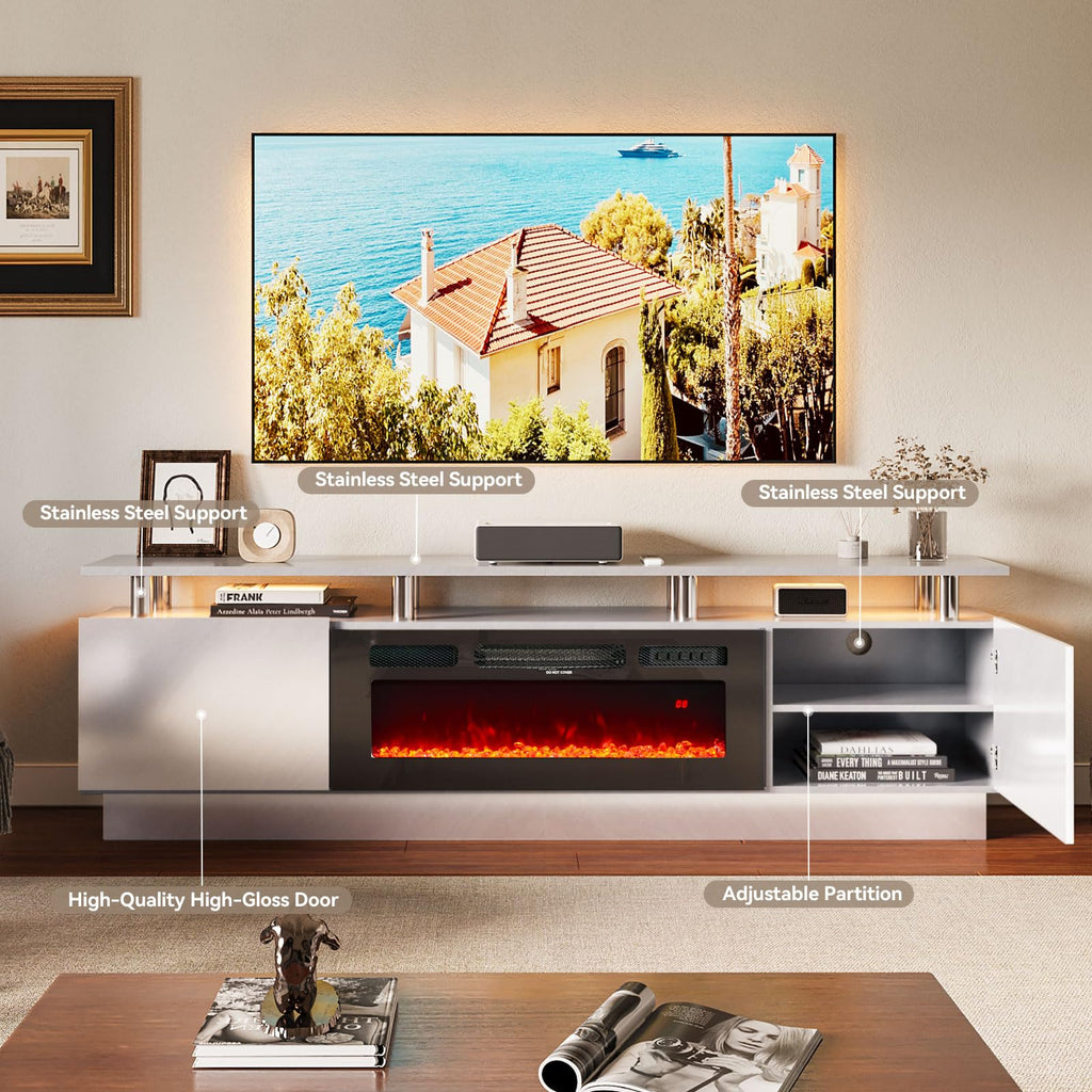 oneinmil Fireplace TV Stand with 36” Electric Fireplace, 2 Tier TV Console Stand for TVs Up to 90"", LED Light Entertainment Center, Fireplace for The Living Room TV Stand, Black, 80''