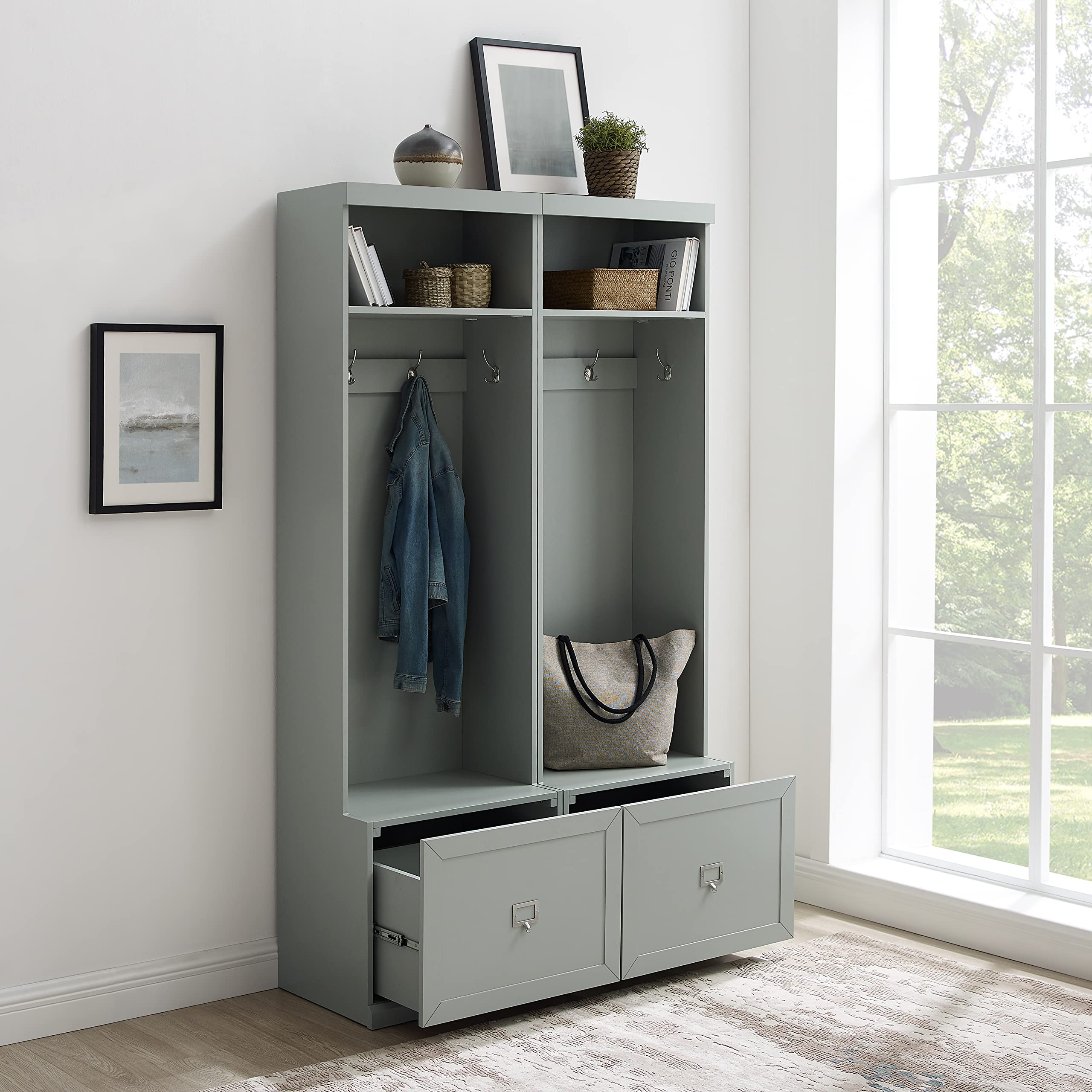 Crosley Furniture Harper 2-Piece Hall Tree Entryway Set with Storage Bench and Coat Rack Hooks for Hanging, Gray
