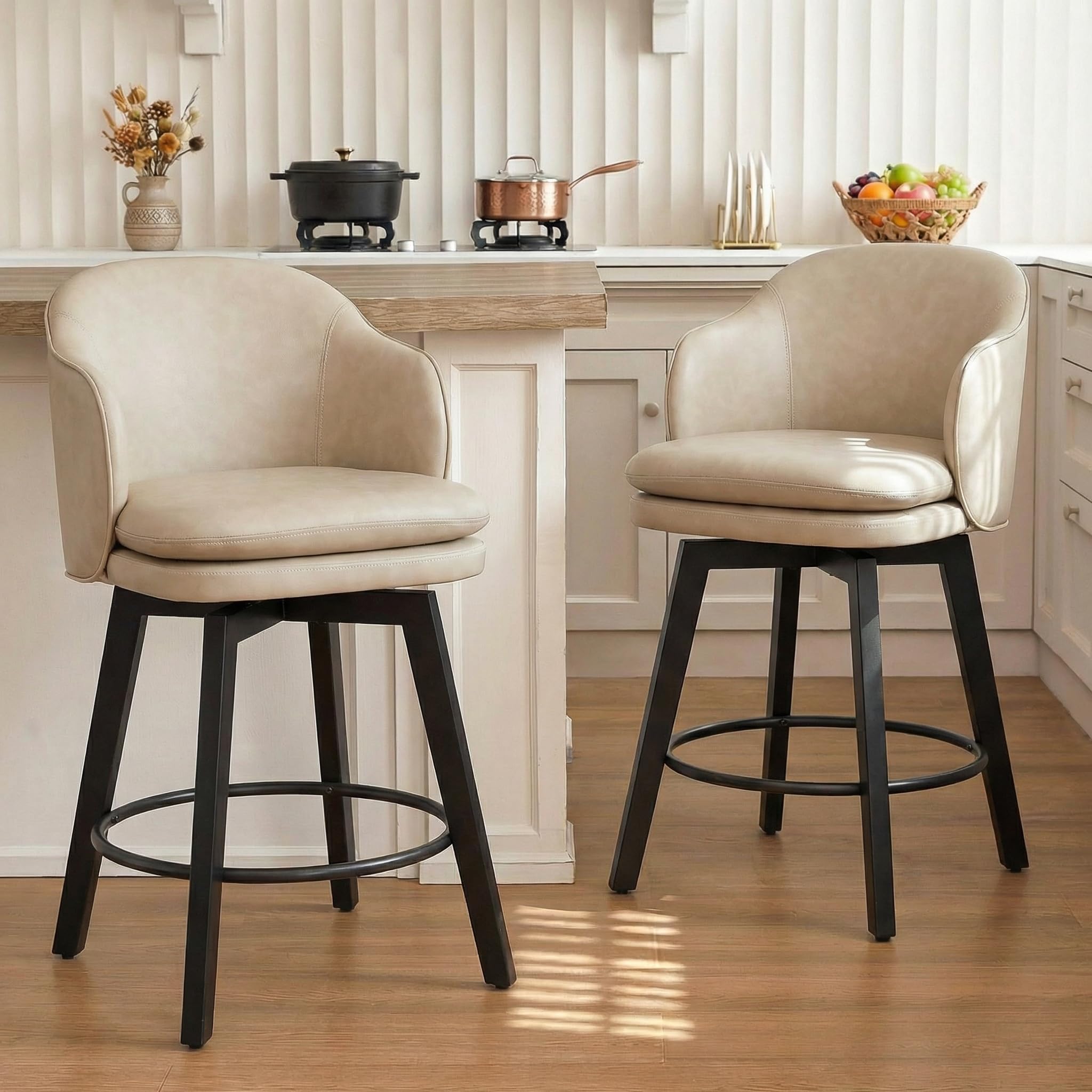 Counter Height Barstools 26 inch Upholstered Swivel Bar Stools with Back and Wood Legs for Kitchen Island,Set of 2,Beige PU Leather