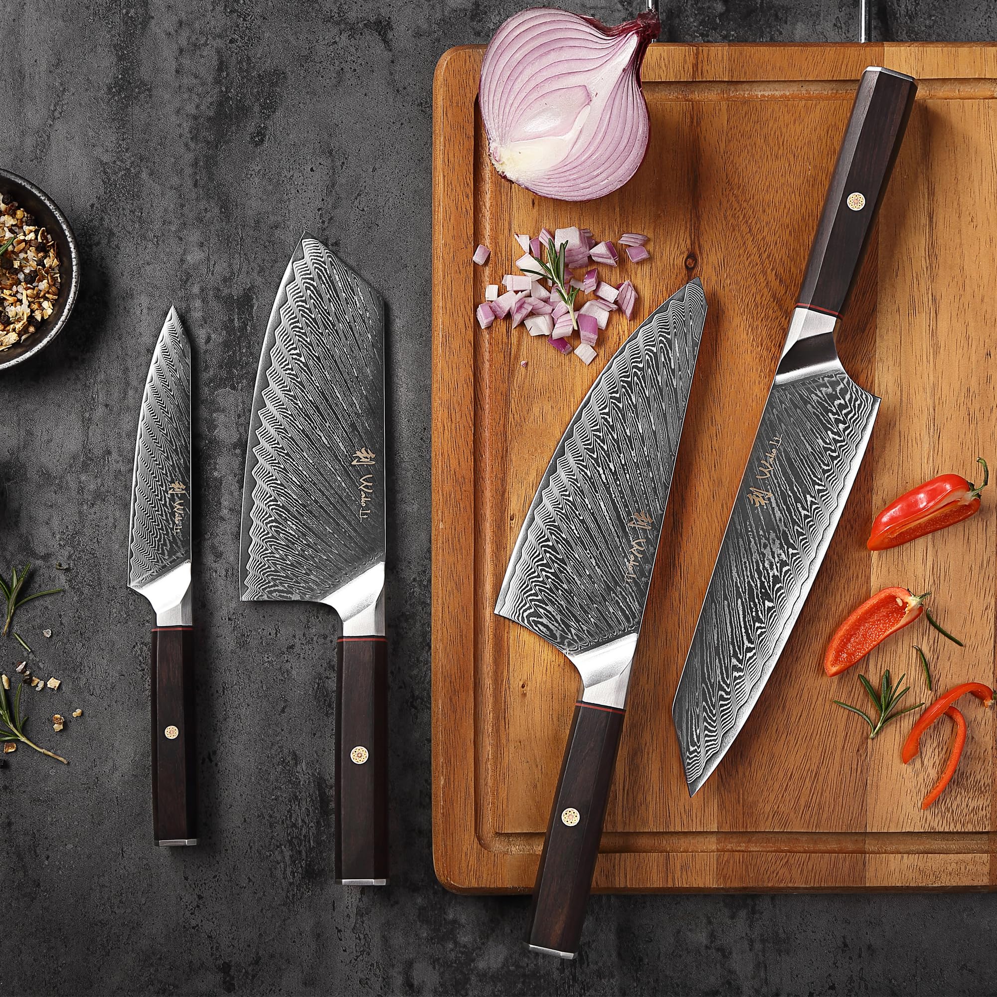 Wakoli Culinary Asia Damascus 4-Piece Knife Block Set with Magnetic Block – Professional Kitchen Knives made of 67-Layer Damascus Steel Blades & VG10 Core – Ergonomic Dark Oak Wood Handles in Gift Box