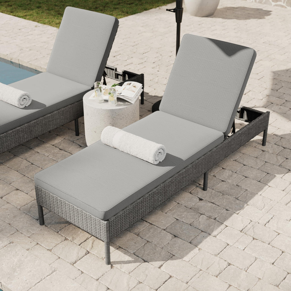 Martha Stewart Bedford Indoor-Outdoor Patio Chaise Lounge Chair with Adjustable Back and Rattan Wicker Finish in Gray with Gray All-Weather Cushions