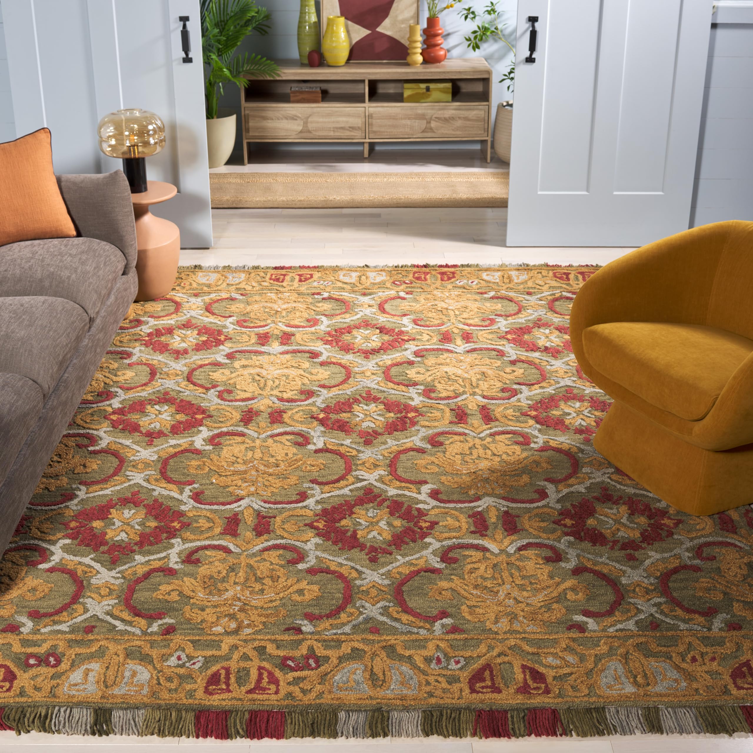 SAFAVIEH Area Rug 8x10 - Blossom Collection - Large - Green & Gold, Handmade Wool, Floral Design, Ideal for Living Room, Bedroom, Office, Dining Space (BLM422B)