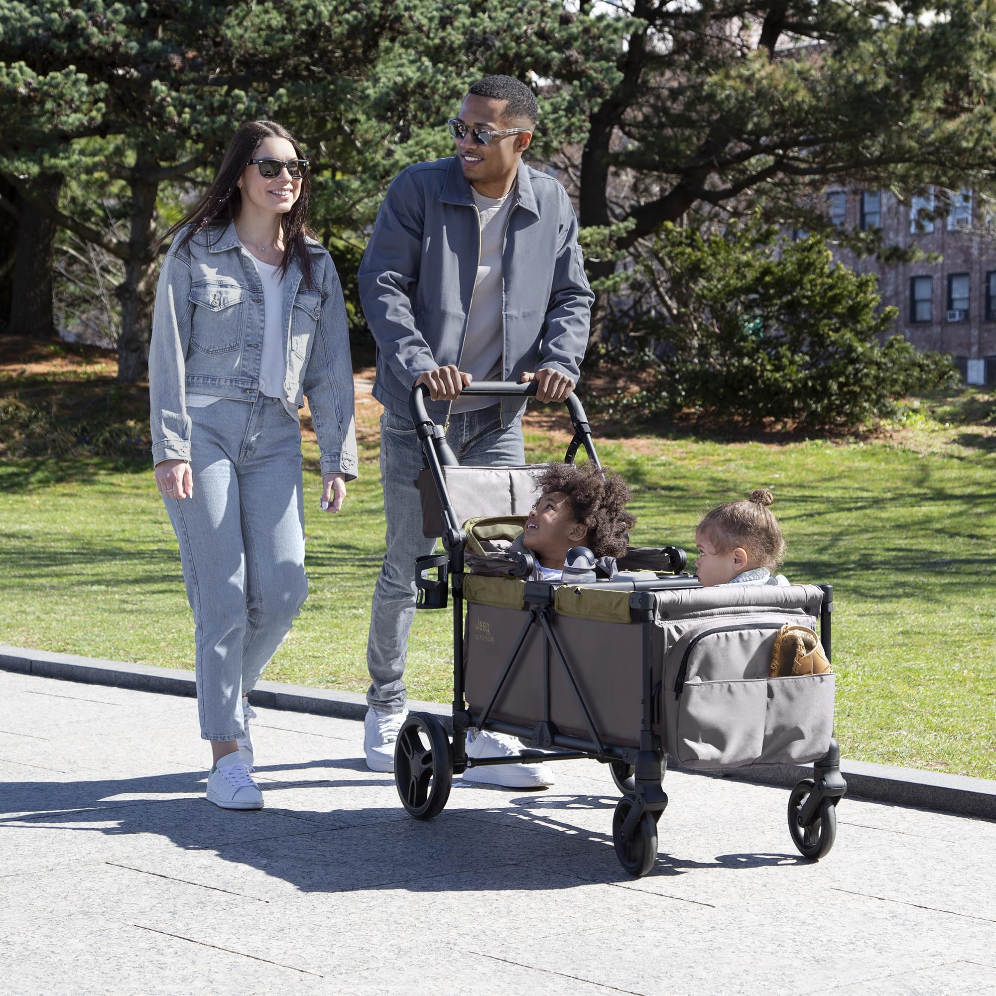 Jeep Sport All-Terrain Stroller Wagon by Delta Children - Includes Canopy, Parent Organizer, Adjustable Handlebar, Snack Tray & Cup Holders, Grey/Olive Green