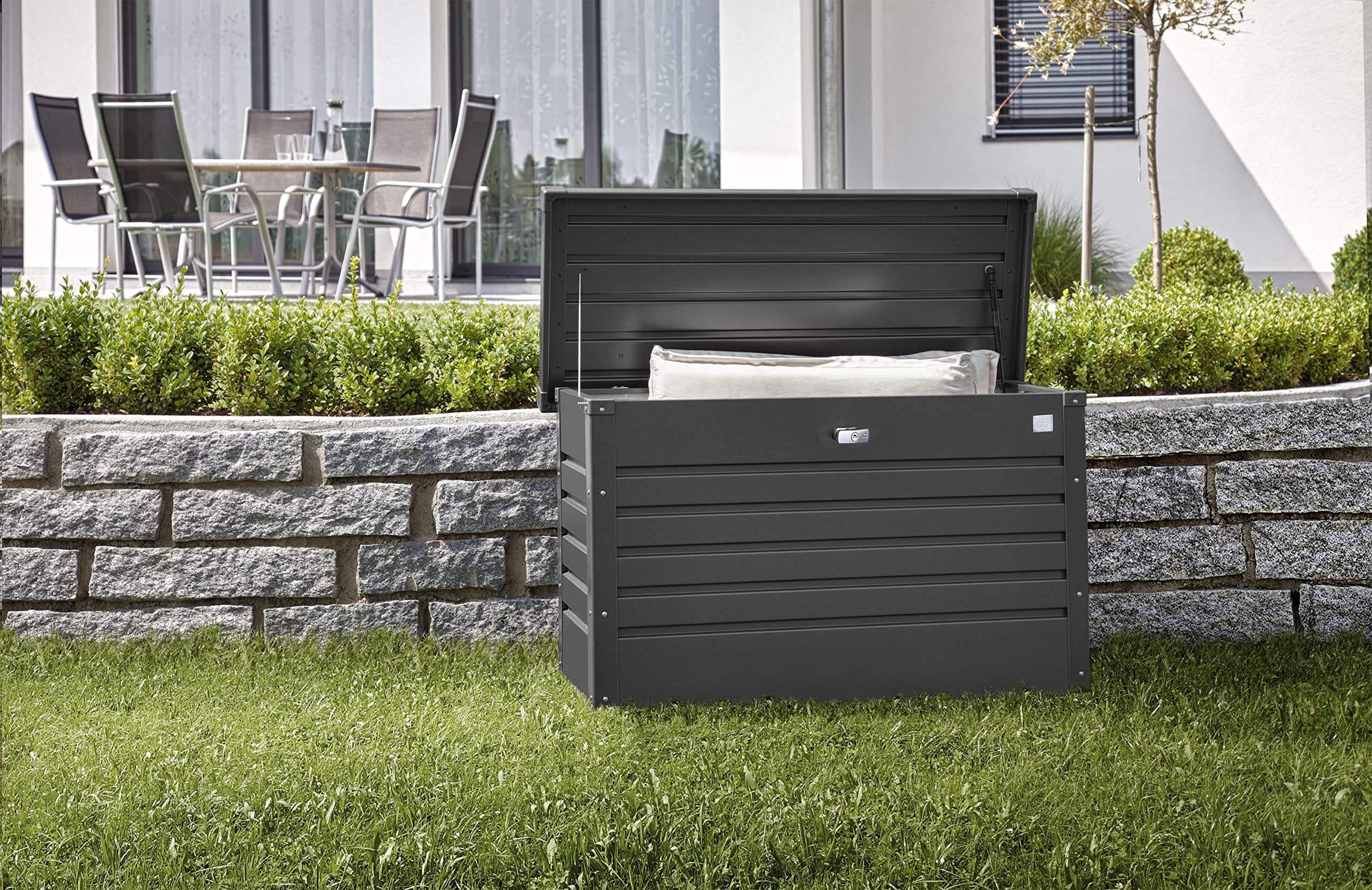 Biohort LeisureTime Metallic Dark Gray Deck Box - 51 Gallon Metal Outdoor Storage, Locking, Waterproof, for Tools, Cushions, Pool & Package Chest, Soft Close Size: 18in x 40in x 25in