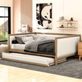 GDFStudio Full Size Upholstered Daybed with Trundle, Linen Sofa Bed with Nailhead Trim, Wood Frame Slat Support, No Box Spring Needed, Space Saving Guest Bed for Bedroom Living Room