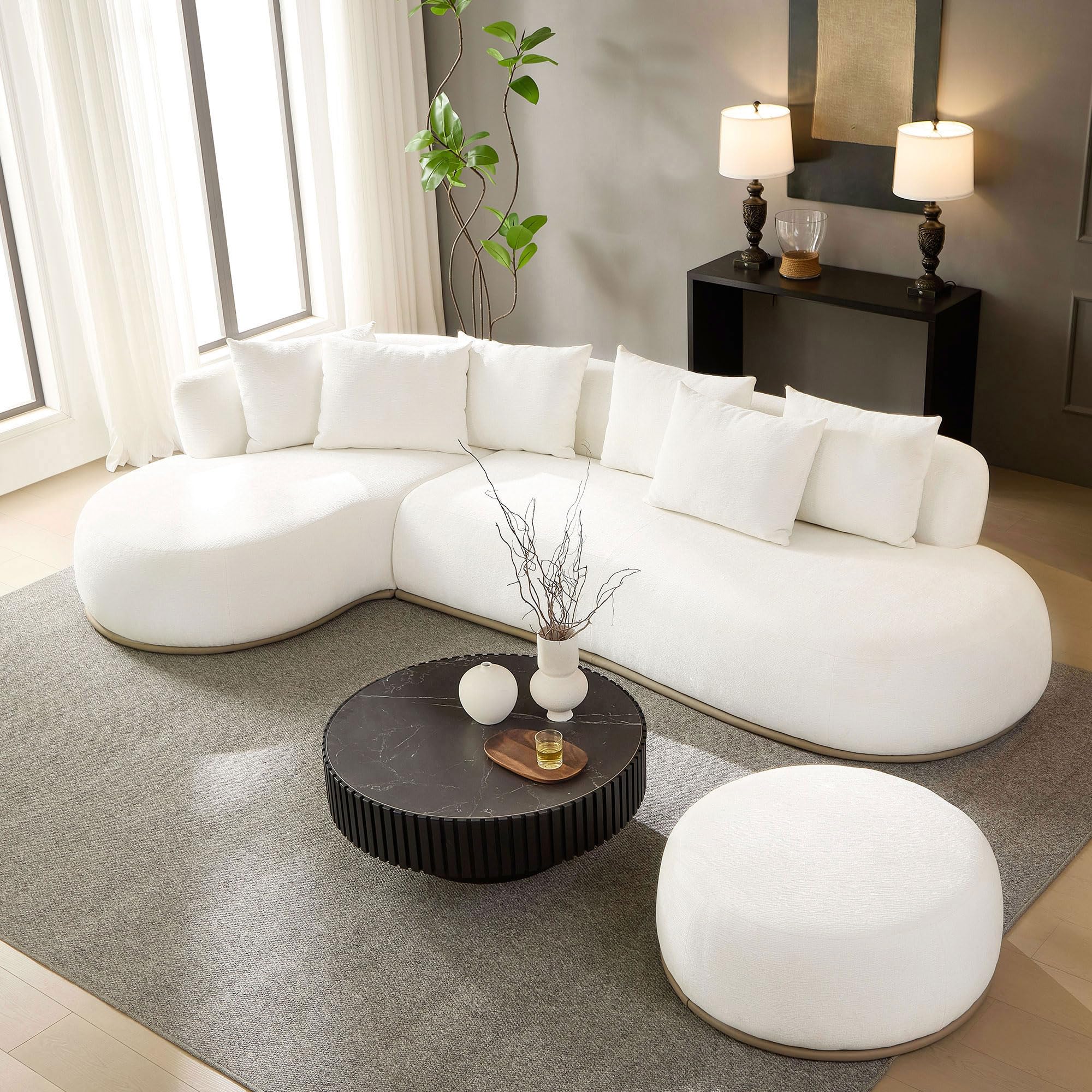 KEIKI 135" L-Shaped Oversized Boucle Sectional Sofa with Left Chaise, Modern 5-Seater Polyester Curved Couch with PU Leather Base, 1 Ottoman & 6 Pillows, No Assembly Required, for Living Room, Beige