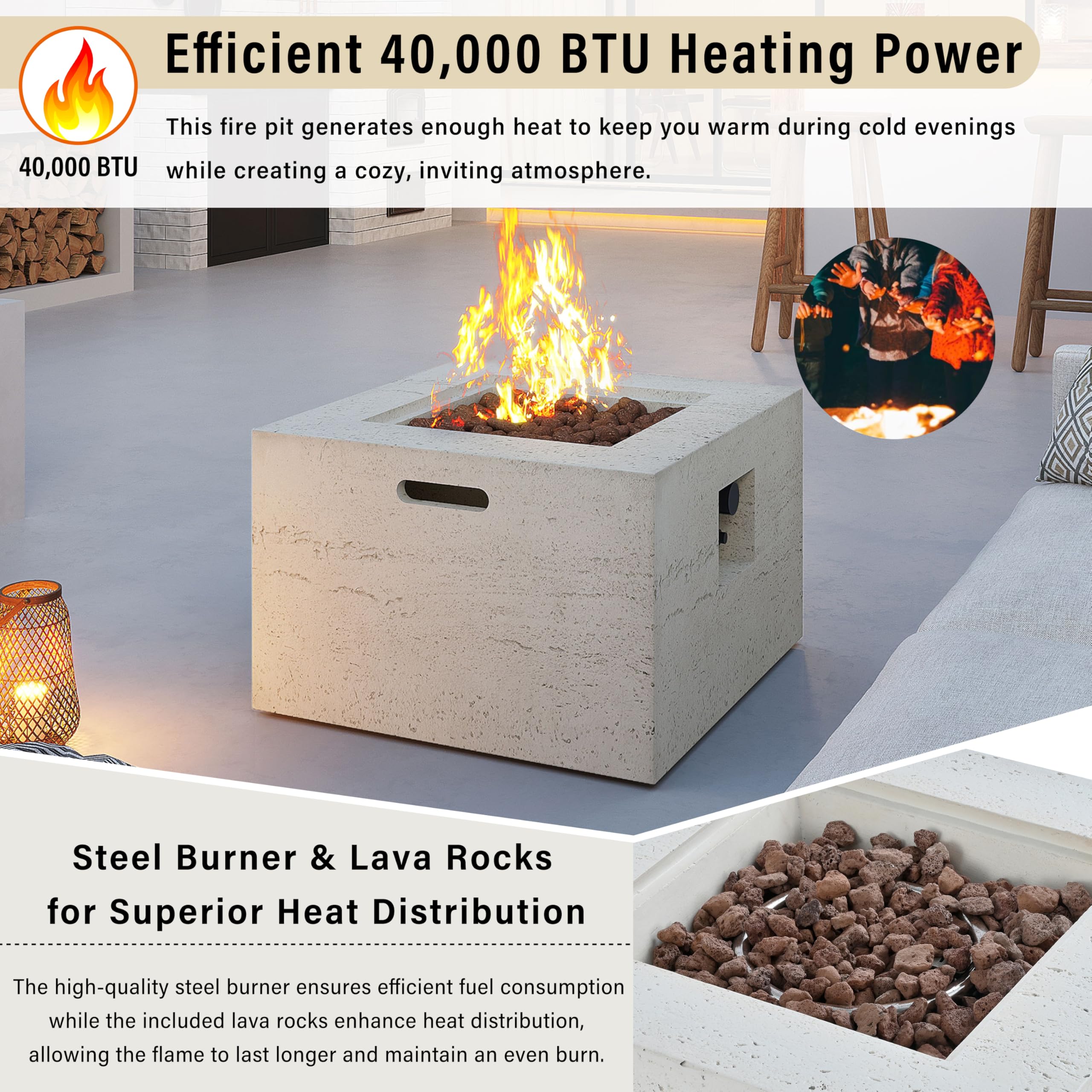 GDFStudio MgO Lightweight Square Propane Fire Pit Table, 40000 BTU Outdoor Propane Fire Pit with Steel Burner, Adjustable Flame Control, Lava Rocks & Rain Cover, Patio Backyard Deck Poolside, Beige