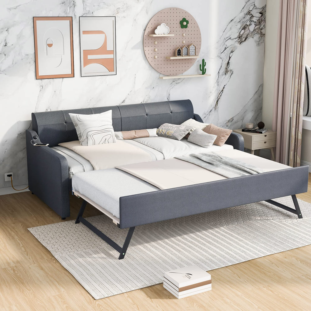 GDFStudio Twin Size Upholstered Daybed with Trundle and USB Charging Port, Pop-Up Trundle Flat or Elevated, Woven Fabric Day Bed Frame with Backrest and Armrests, Gray
