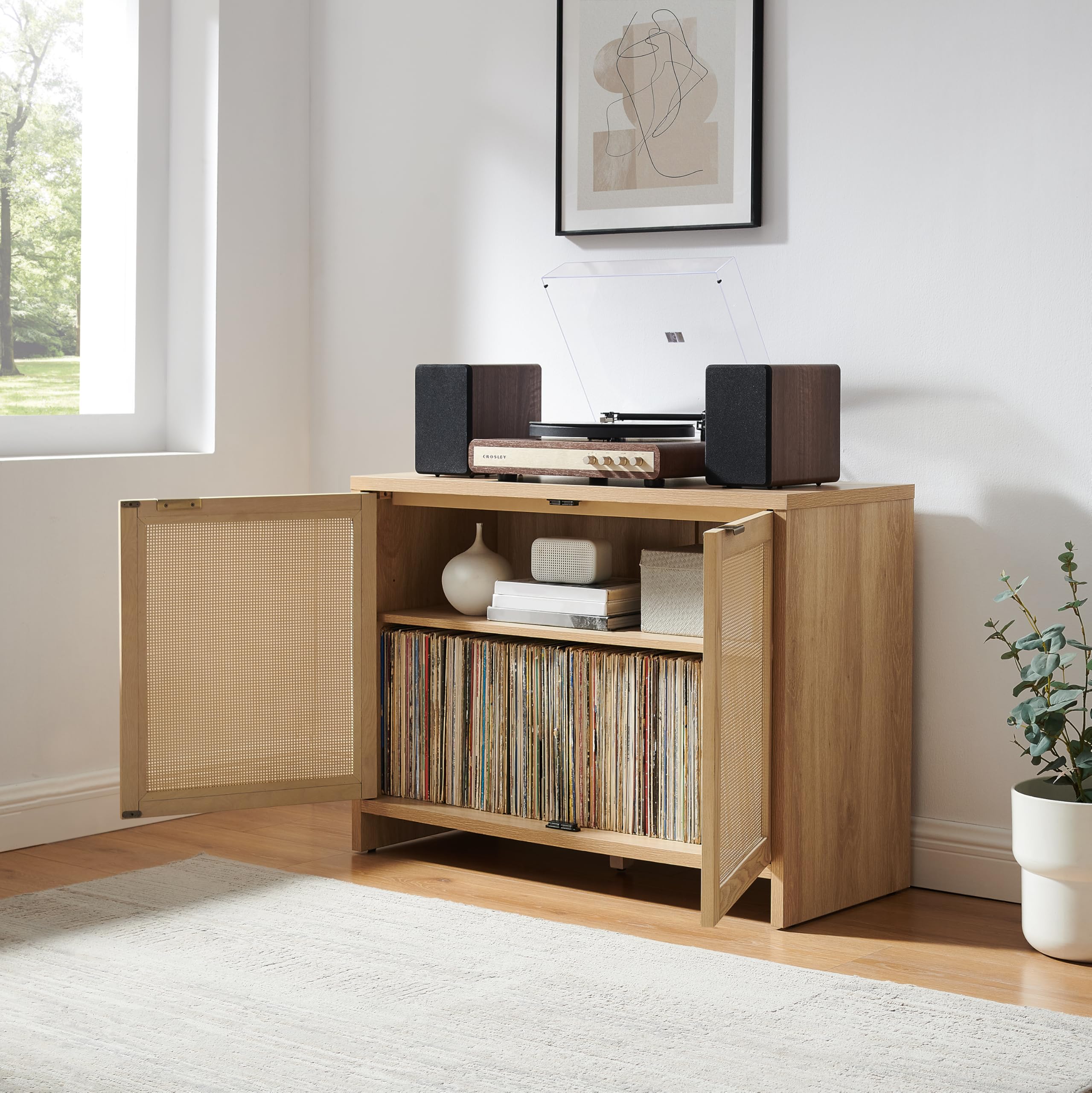 Crosley Furniture Kenji Record Player Cabinet with Vinyl Storage, Media Stand, Modern Home Organizer, Ash