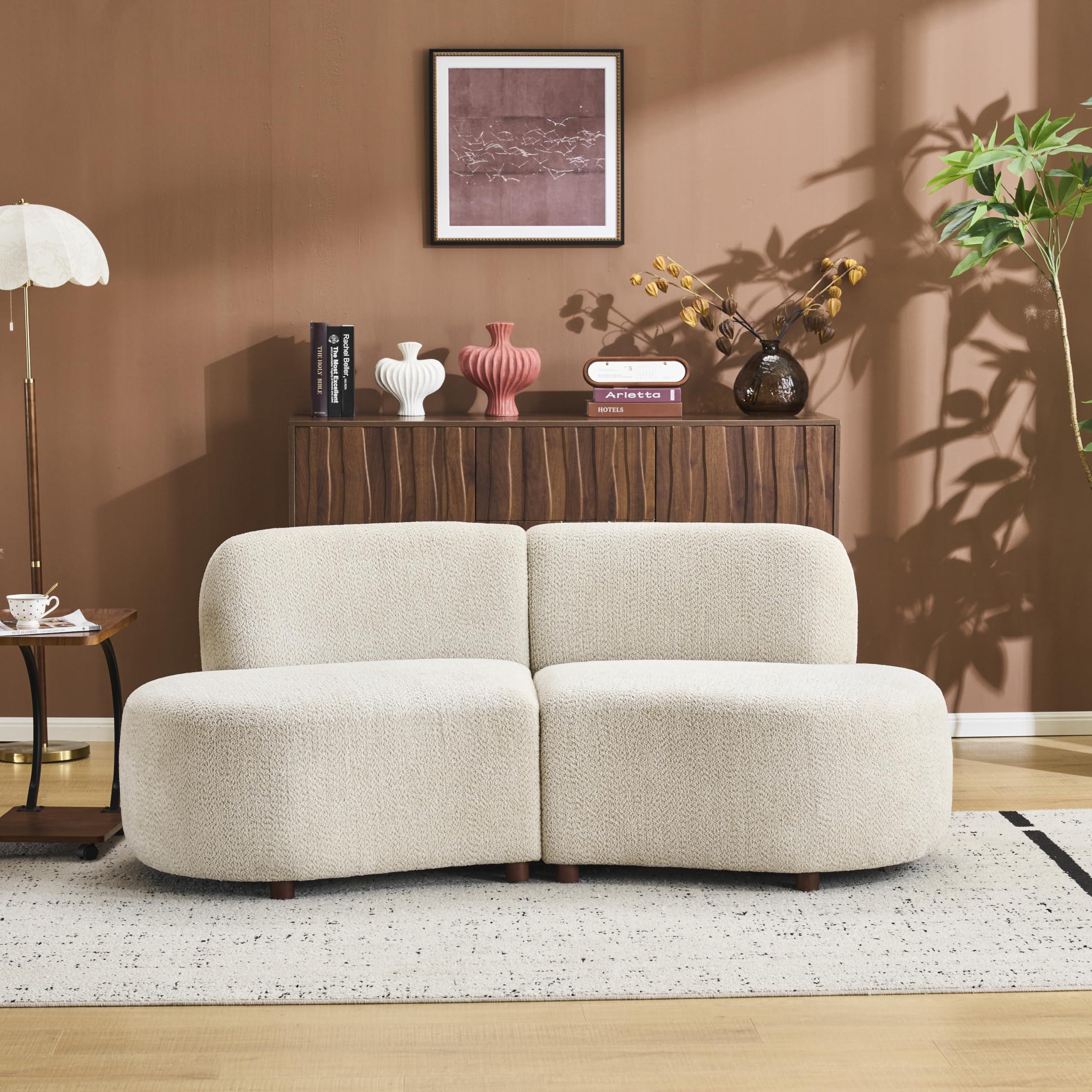 Merax 73" Curved Cloud Loveseat, Boucle Upholstered 2 Seater Sectional Sofa with Wooden Frame, Modern Curved Cloud Couch for Living Room, Cozy Leisure Couches, Easy Assembly, Beige