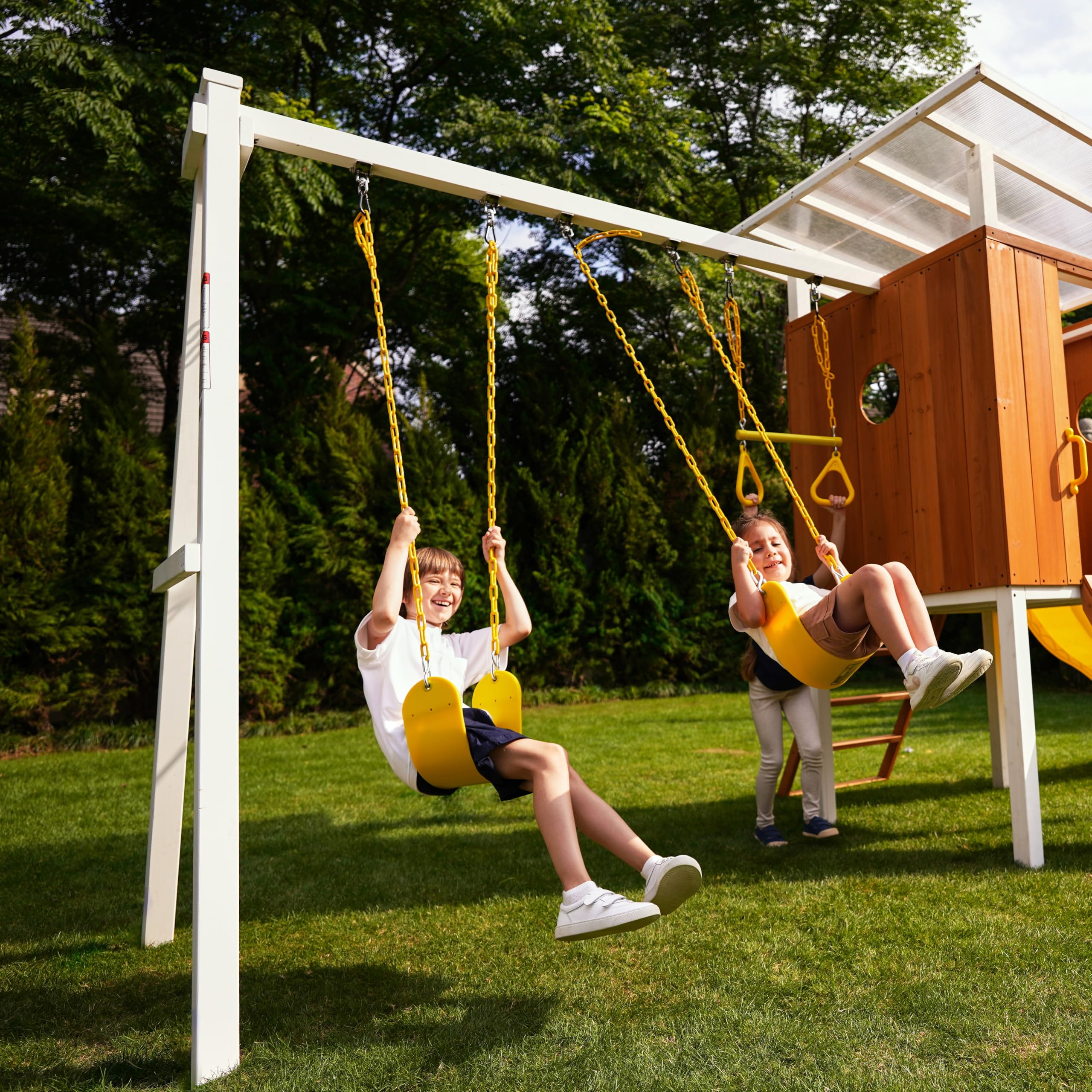 Avenlur Modern Outdoor Backyard Swing Set Children's Rock Climbing Wood Playground Playset 2 Belt Swings, Clubhouse Fort, Windows, Ladder, Wavy Slide Toddlers, Kids Climbers Play Adventure Rock 3-11yr