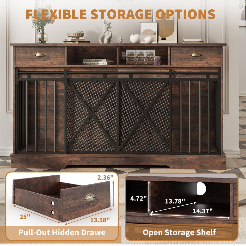 Double Dog Crate Furniture, 63 Inch Heavy-Duty Dog Kennel with Center Divider, Sliding Doors, Drawers and Open Shelves, Indoor Dog House for Living Room, Retro Brown