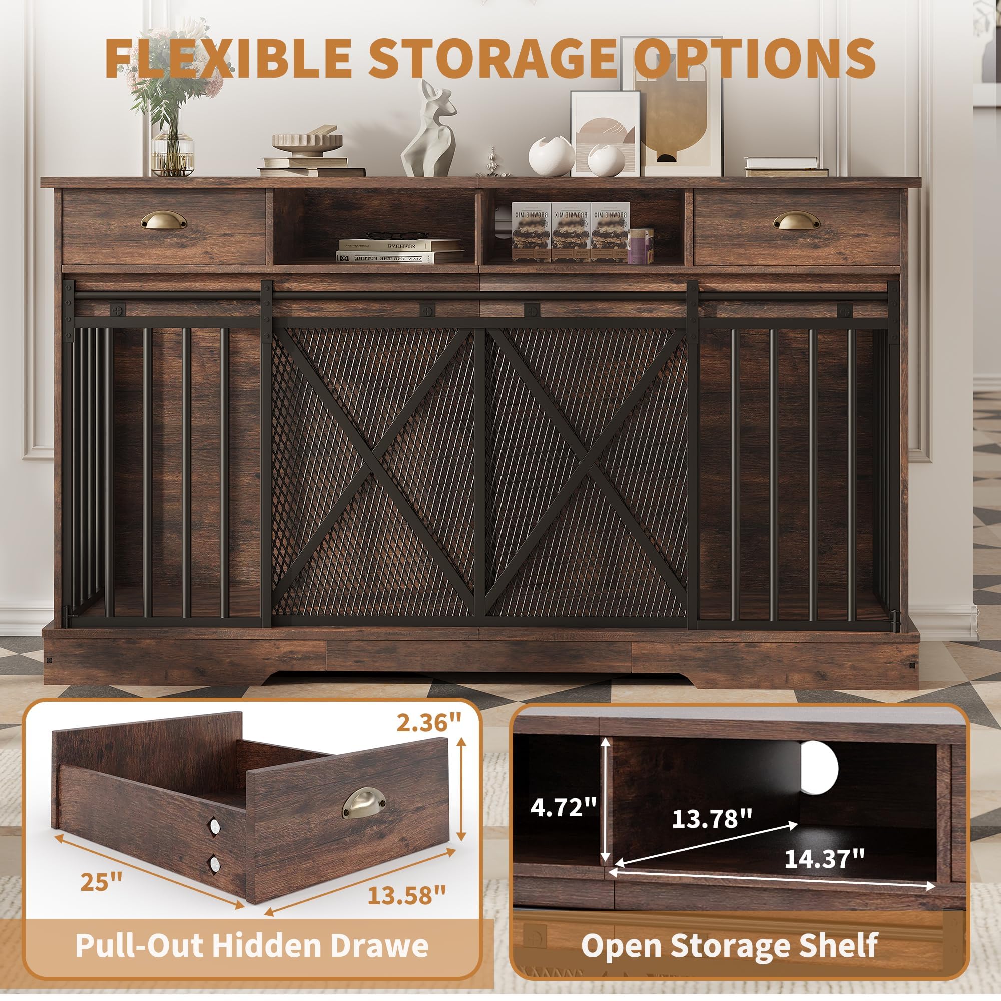 Double Dog Crate Furniture, 63 Inch Heavy-Duty Dog Kennel with Center Divider, Sliding Doors, Drawers and Open Shelves, Indoor Dog House for Living Room, Retro Brown