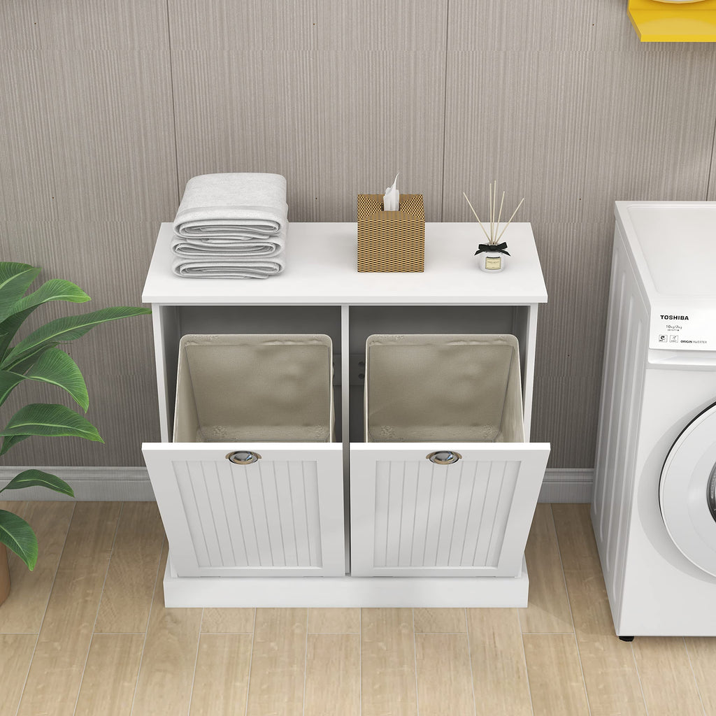 Leamoo 32.68" W x 14.57" D x 31.5" H Two-Compartment Tilt-Out Laundry Sorter Cabinet White MDF