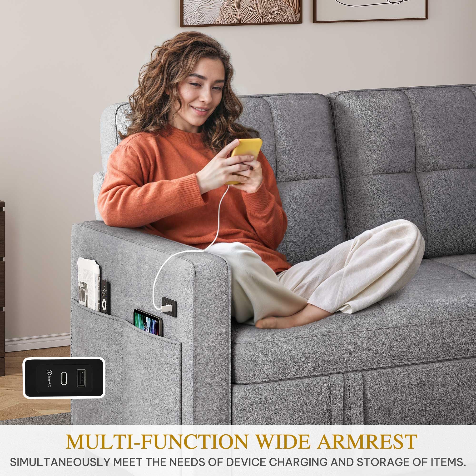 DWVO 55" Convertible Sofa Bed, 3-in-1 Sleeper Sofa with Pull-Out Couch, Velvet Futon Couch with Adjustable Backrest and USB, Modern Loveseat for Living Room Apartment, Light Grey