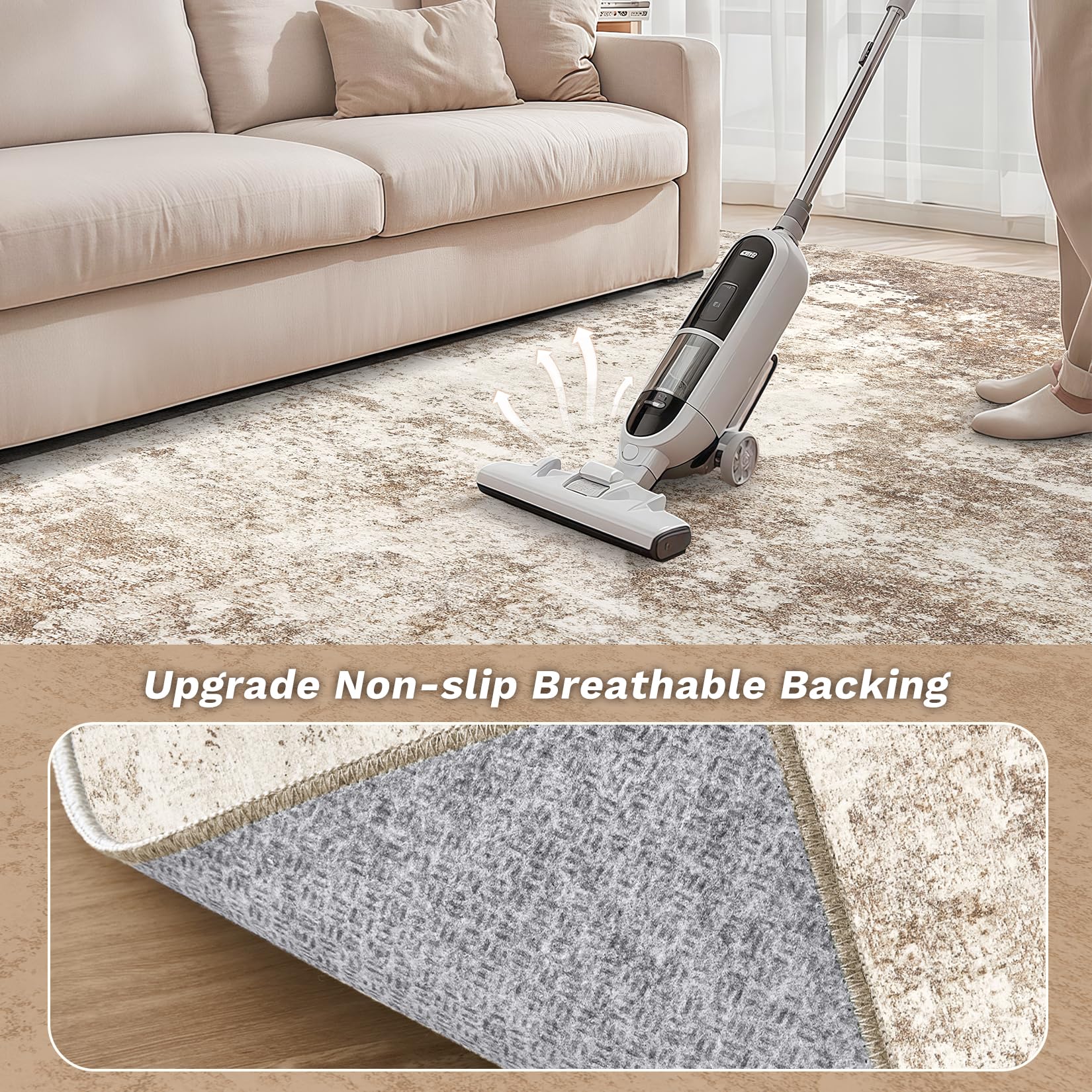 Micgeek Area Rug Living Room - 12X15 Abstract Washable Large Soft Foldable Non Slip Rug Neutral Modern Low Pile Carpet for Bedroom Nursery Dining Room Farmhouse Home Office Indoor - Brown