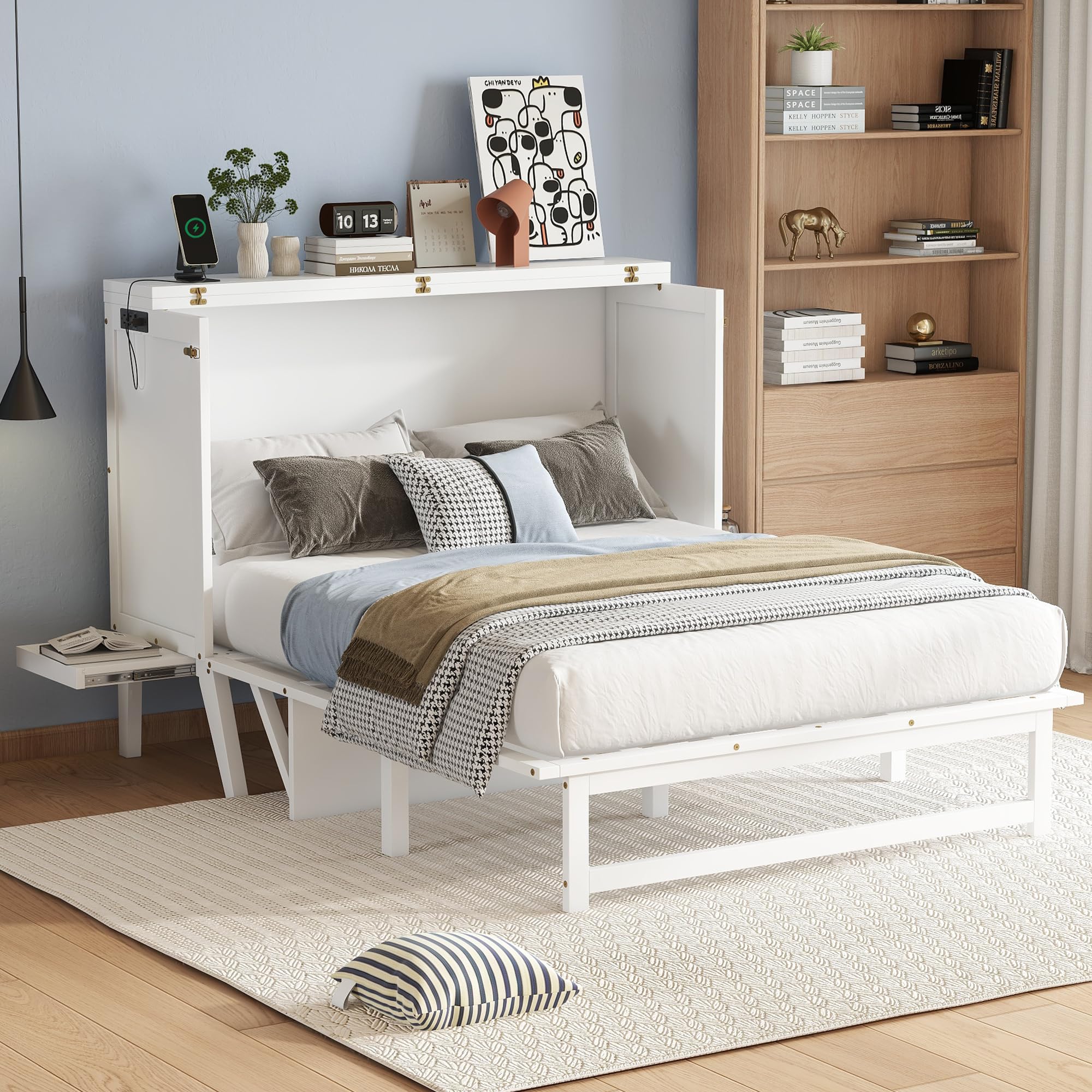 KEIKI Full Size Murphy Bed with USB Port and Removable Shelves on Each Side, Solid Pine Murphy Cabinet Bed for Home Office, Guest Room,White