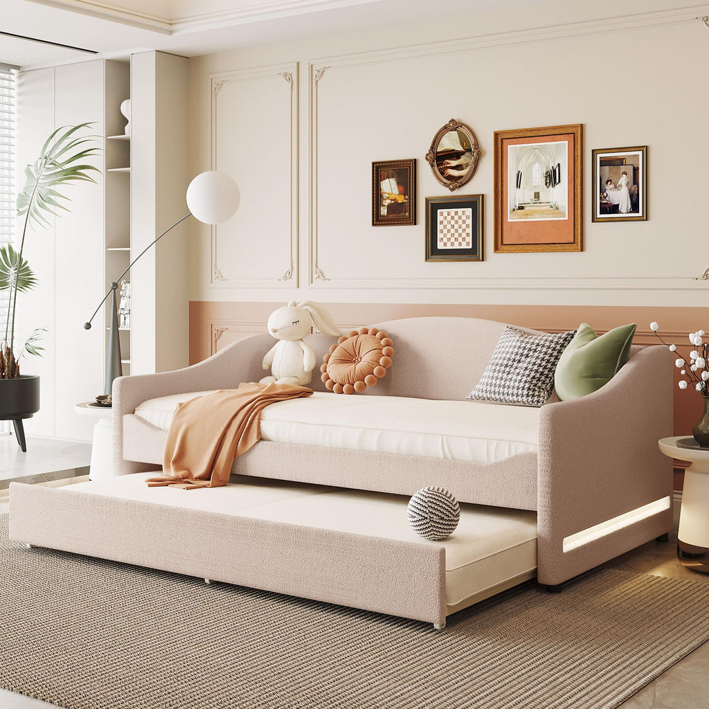 Twin Size Teddy Fleece Upholstered Daybed with Trundle and LED Lights, Daybed Frame with Stripe Design, Soft Fabric Sofa Bed with Slat Support, Space Saving Bed for Bedroom Living Room, White
