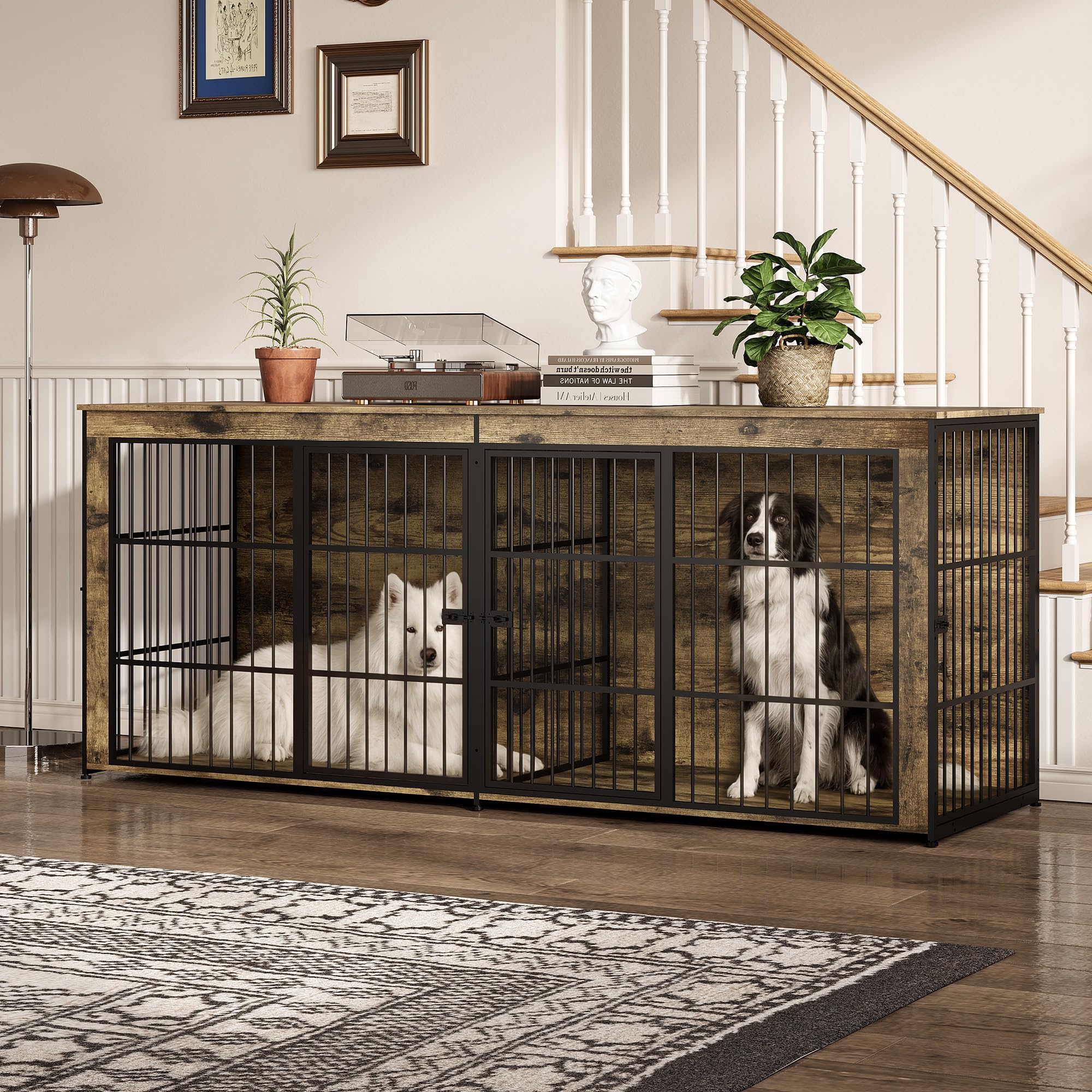 94.5" Dog Crate Furniture, Dog Kennel Furniture with Divider, Lockable, Wooden Crate TV Stand End Table for Large Medium Dogs, Rustic