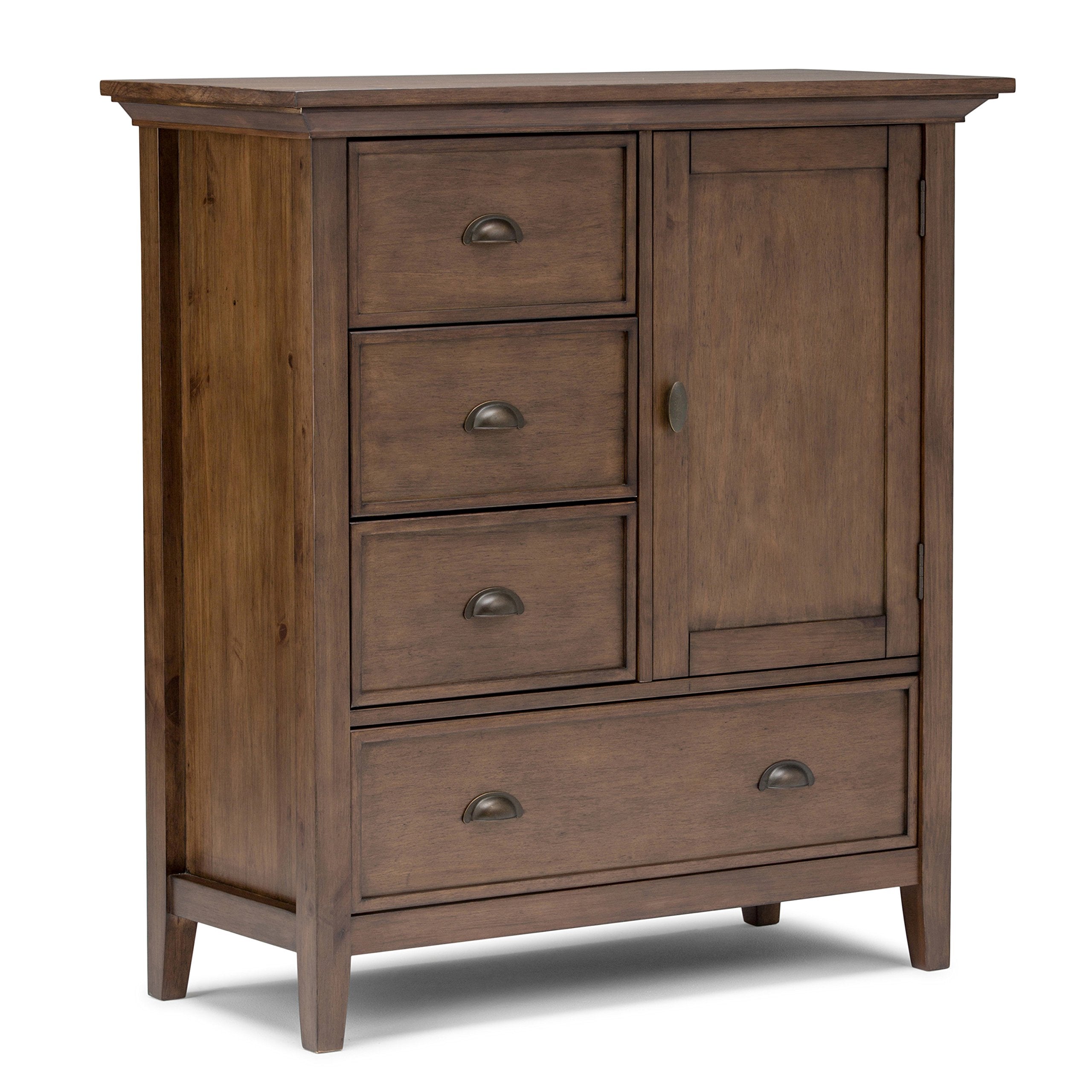 SIMPLIHOME Redmond Storage Cabinet - 39 inch Wide Solid Wood Medium Storage Cabinet in Rustic Natural Aged Brown, Transitional Accent Cabinet for Entryway with 4 Drawers and Cabinet Storage