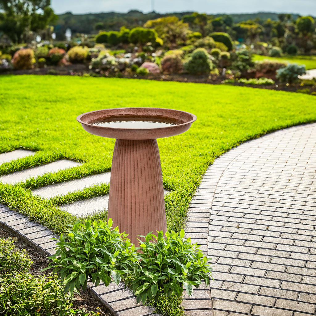 Sunnydaze Gleeful Garden 23" Iron Pedestal Bird Bath for Outside - Modern Shallow Basin Birdbath for Outdoors with UV-Protected Rust-Resistant Finish for Patio, Garden, Yard Decor - Matte Canyon Clay