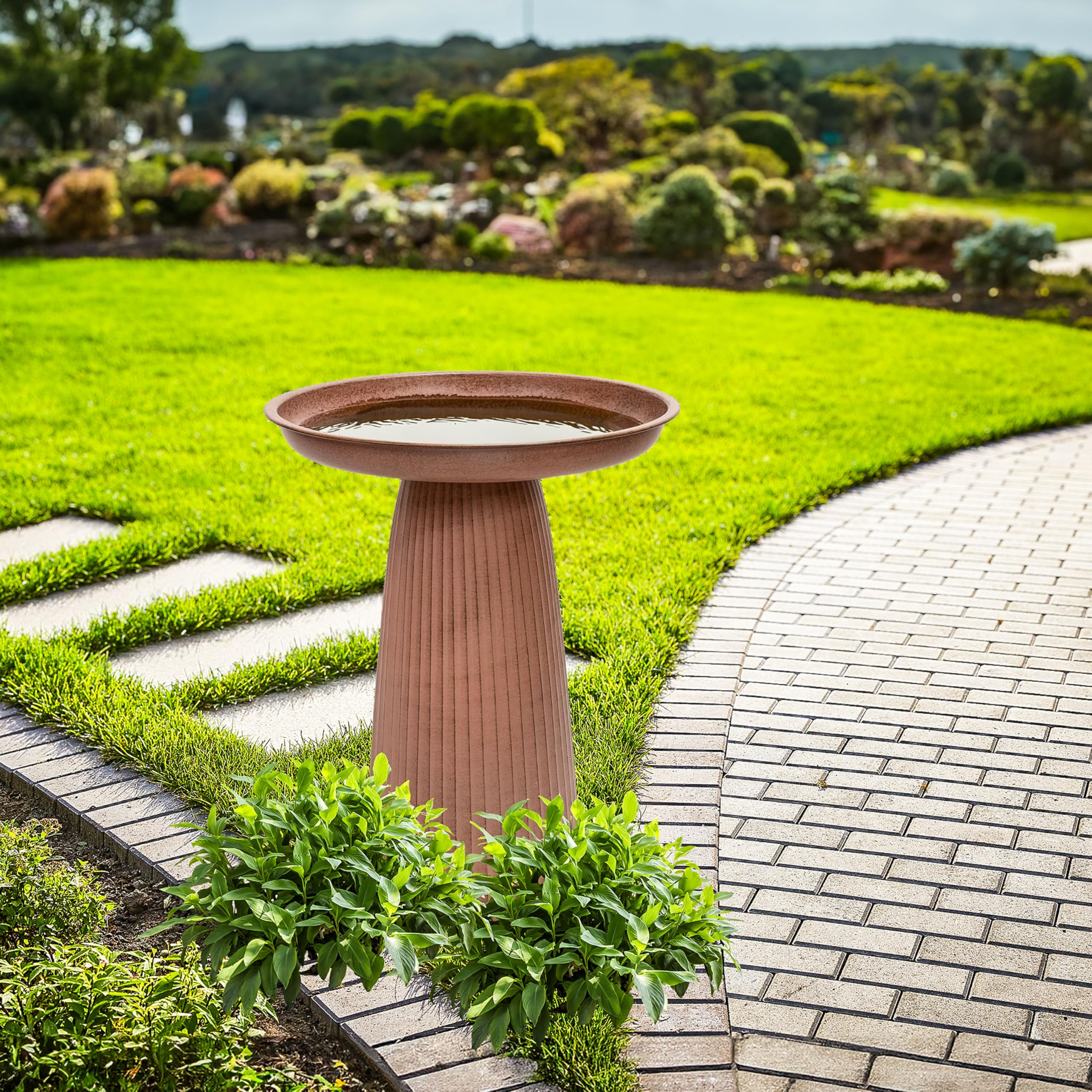 Sunnydaze Gleeful Garden 23" Iron Pedestal Bird Bath for Outside - Modern Shallow Basin Birdbath for Outdoors with UV-Protected Rust-Resistant Finish for Patio, Garden, Yard Decor - Matte Canyon Clay