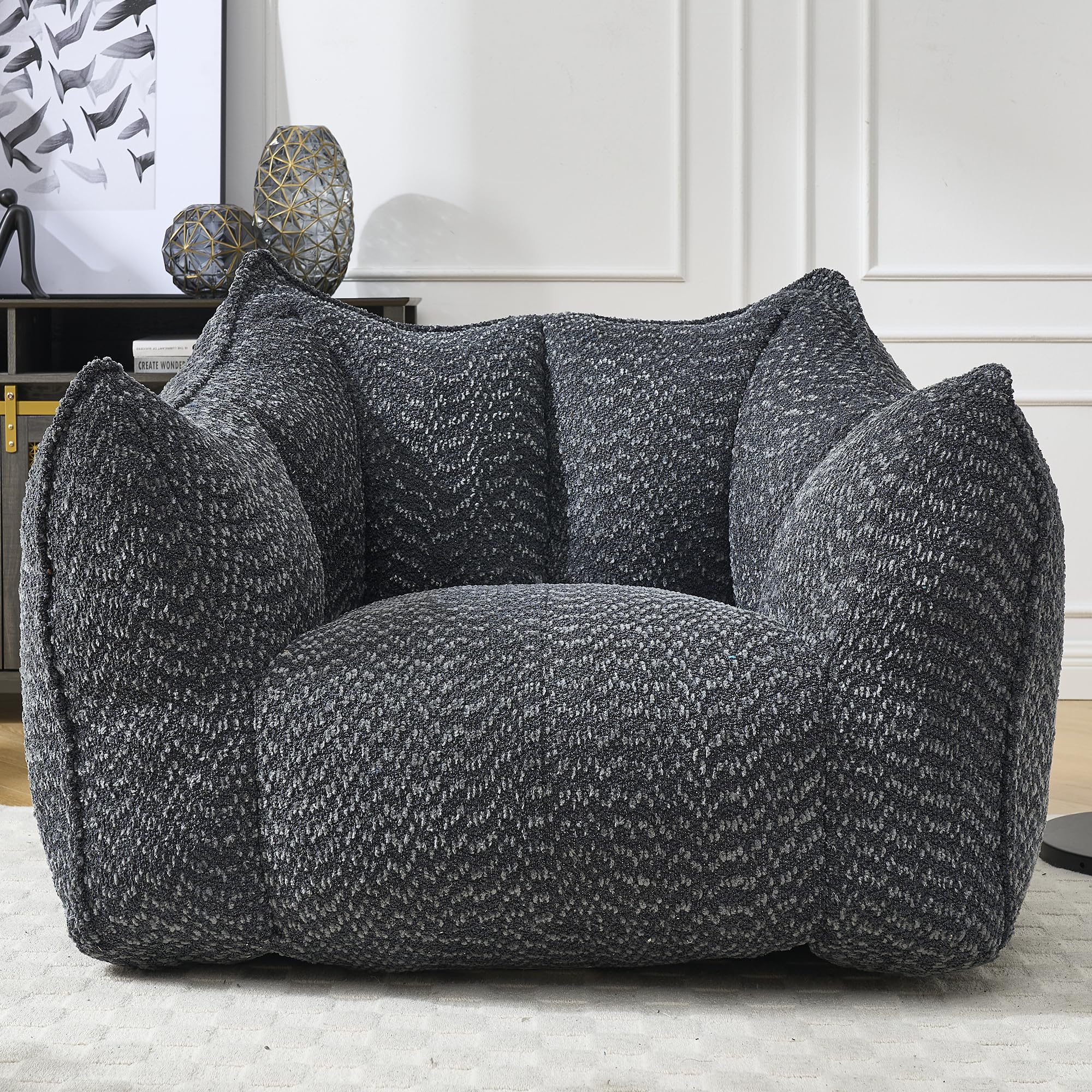 Large Chenille Bean Bag Chair for Adults - Oversized Square Lazy Sofa, Comfortable Gaming Reading TV Seat, 47.2" W x 36.2" D, Black, Living Room & Bedroom Essential