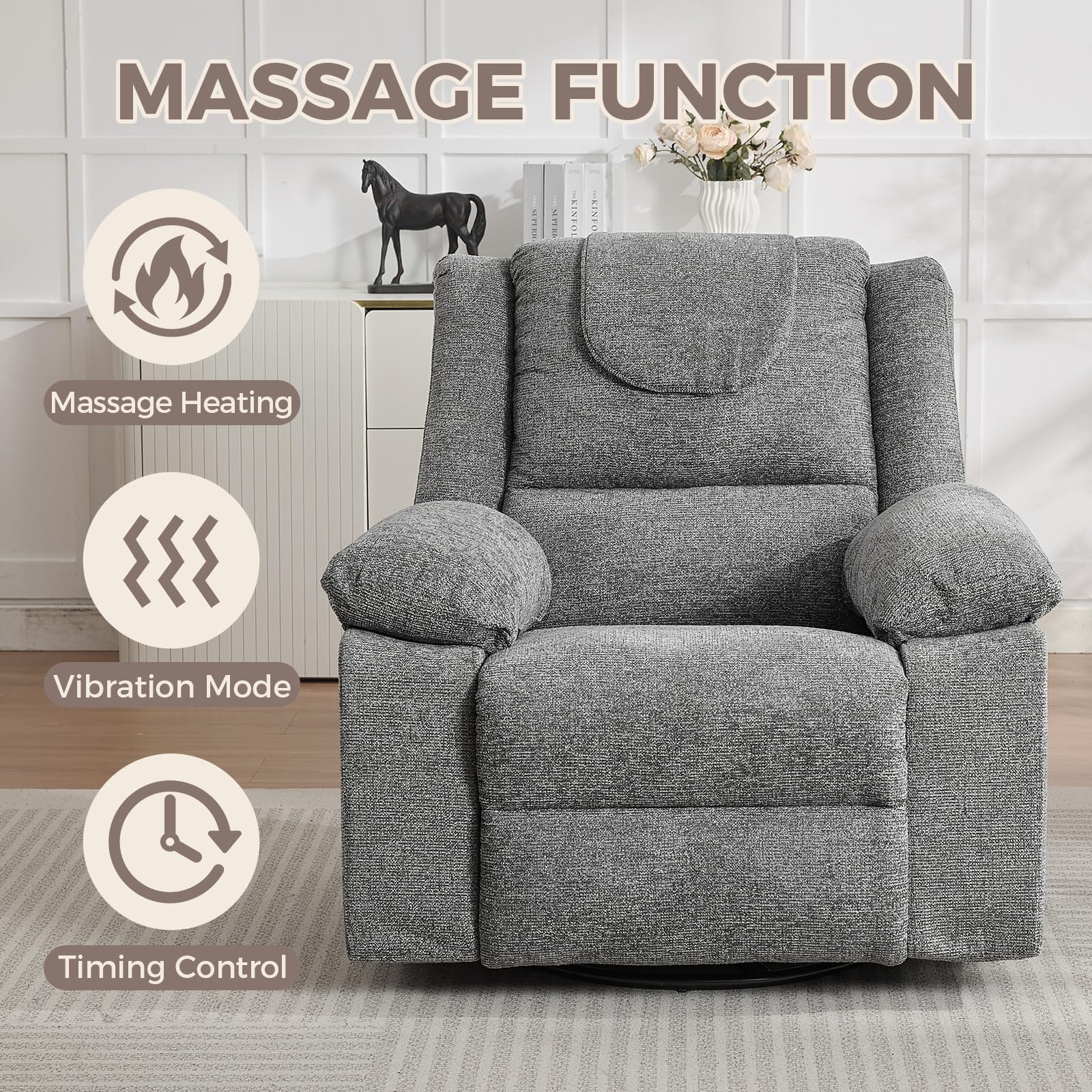 Adults Oversized Rocking Nursery Glider Recliner Chair,360° Swivel Rock Recliner Chairs Single Sofa with Vibration Massage and Heating for Living Room/Bedroom,Grey