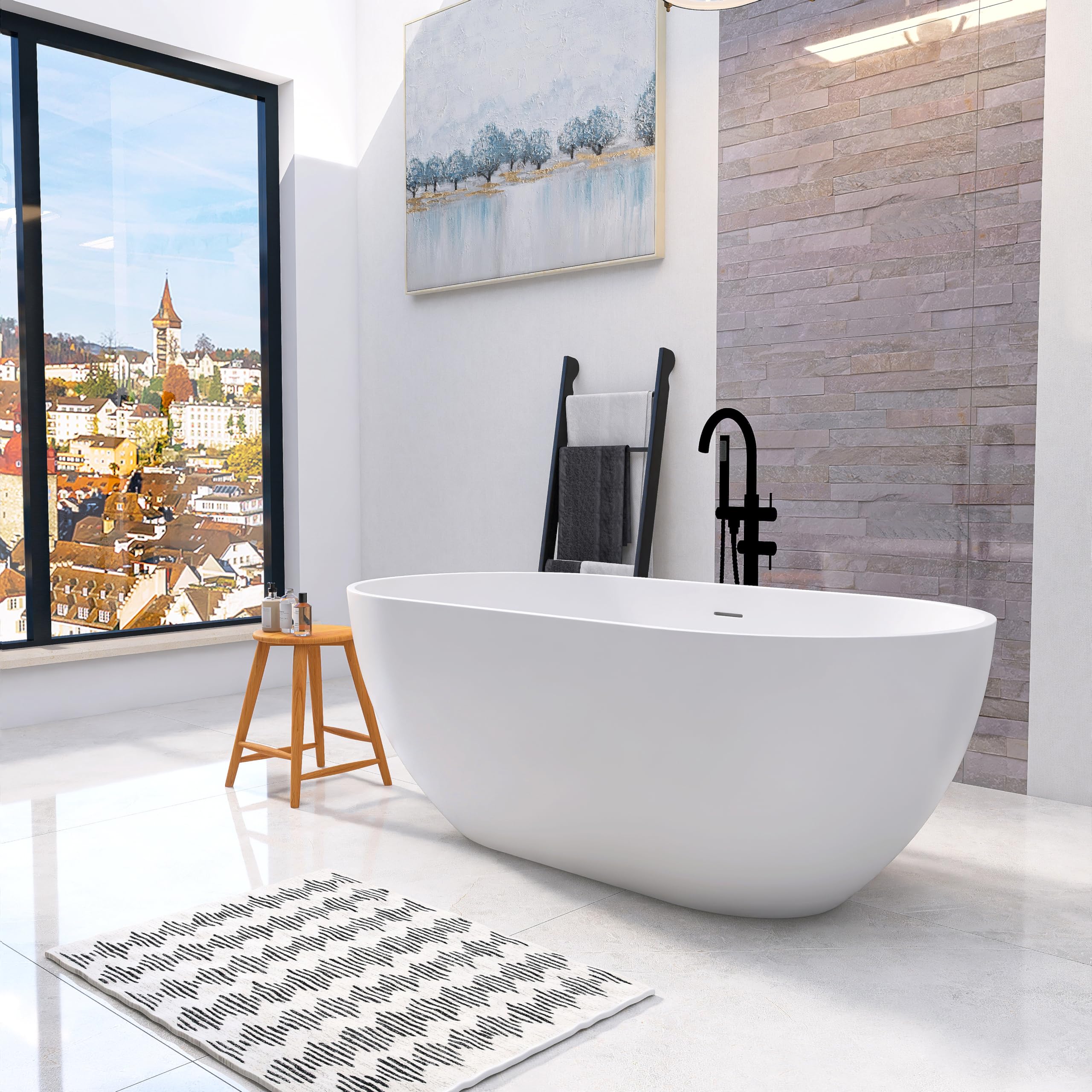 MEDUNJESS 59'' Freestanding Tubs Bathtub Bathroom Solid Surface Resin Stone Bathtubs soaker Tubs Oval Shaped Matte Luxury Modern Soaking Tub with Overflow and Pop-up Drain - White