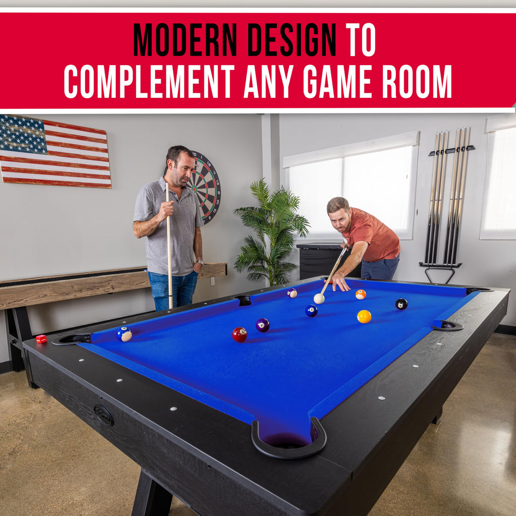 GoSports 7 ft Pool Table with Wood Finish - Modern Billiards Table with 2 Cue Sticks, Balls, Rack, Felt Brush and Chalk - Choose Your Style
