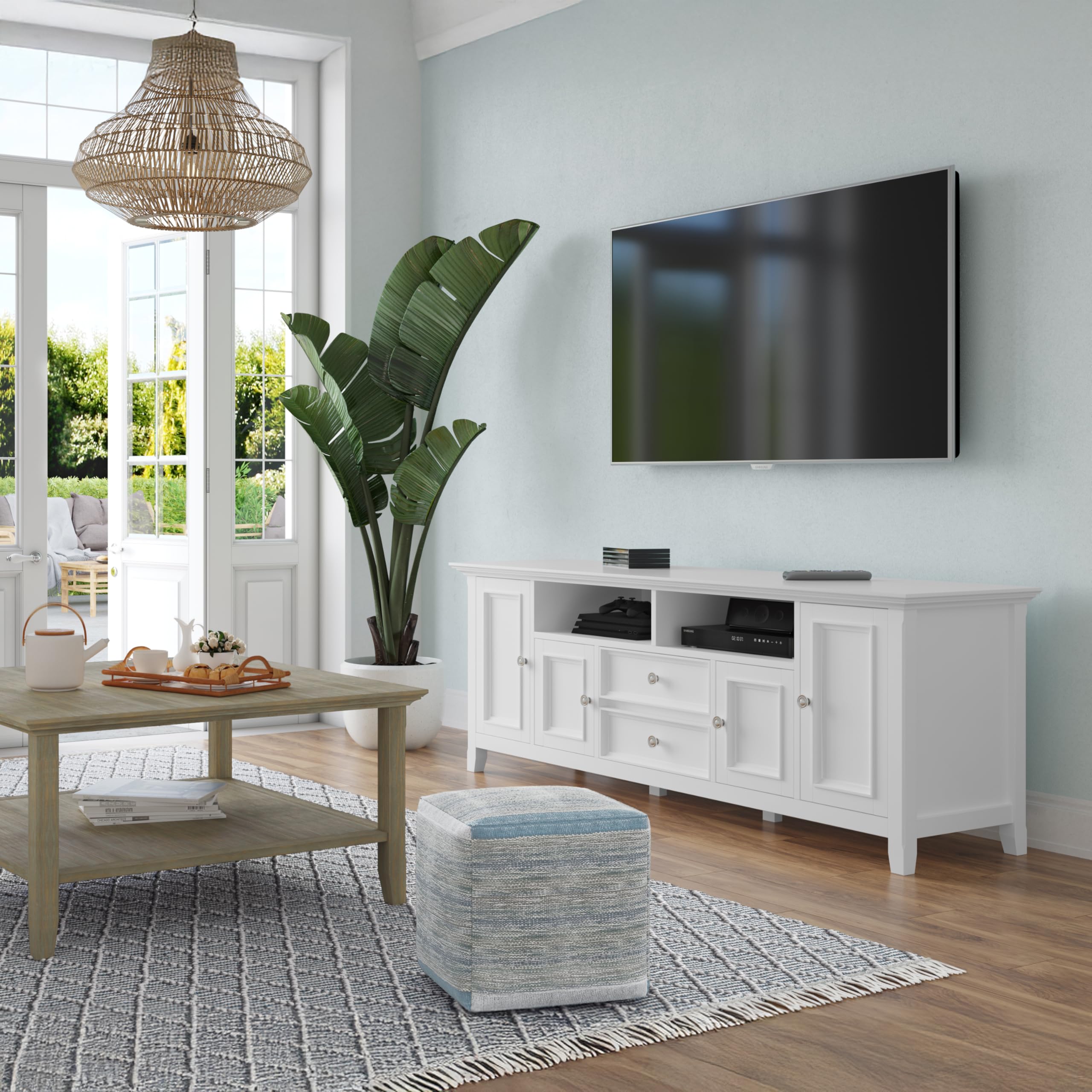 SIMPLIHOME Amherst TV Stand - 72 inch Wide Solid Wood Media Console in White, Transitional Entertainment Center for Living Room for TVs up to 80 Inches with Shelves and Cable Management