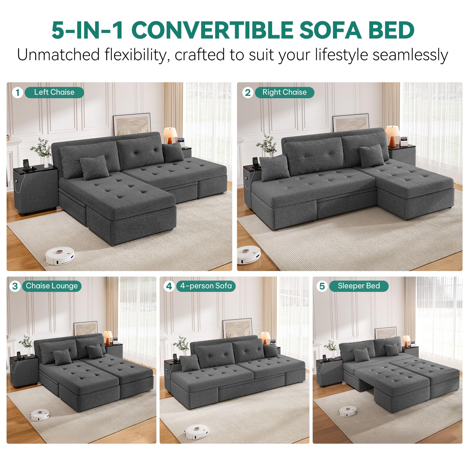 DWVO Queen Size Sofa Bed, 5-in-1 Multi-functional Convertible Sleeper Sofa with 2 Storage Cabinet Nightstand & USB Ports, 100" Sectional Sofa Couch with 2 Comfy Pillows for Living Room Apartment, Grey