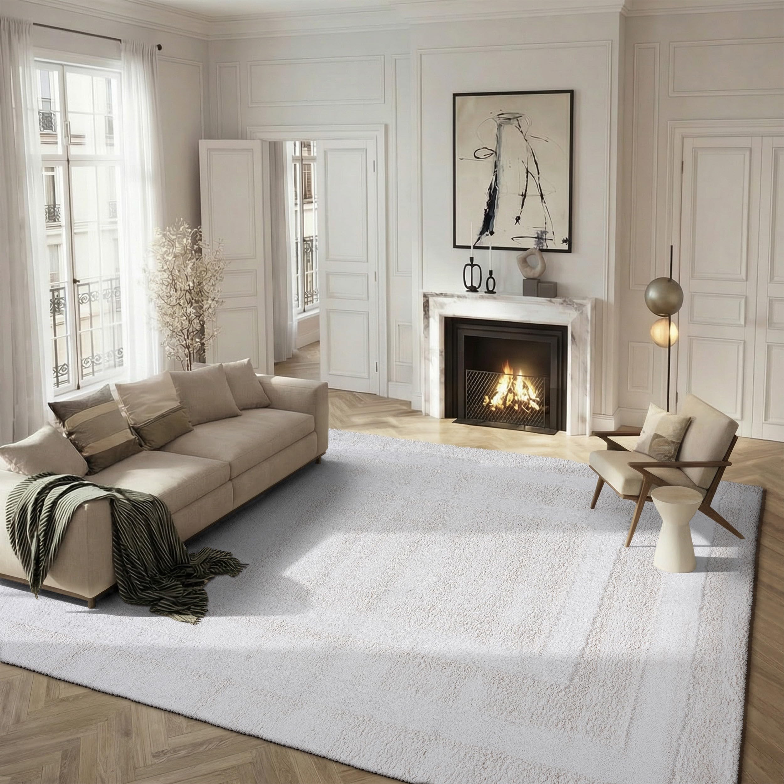 SAFAVIEH Area Rug 8x10 - Florida Shag Collection - Large - Creme & Creme, Border Design, Non-Shedding & Easy Cleaning, Plush Thick Pile, Ideal for Living Room, Bedroom, Dining Space (SG454-1111)