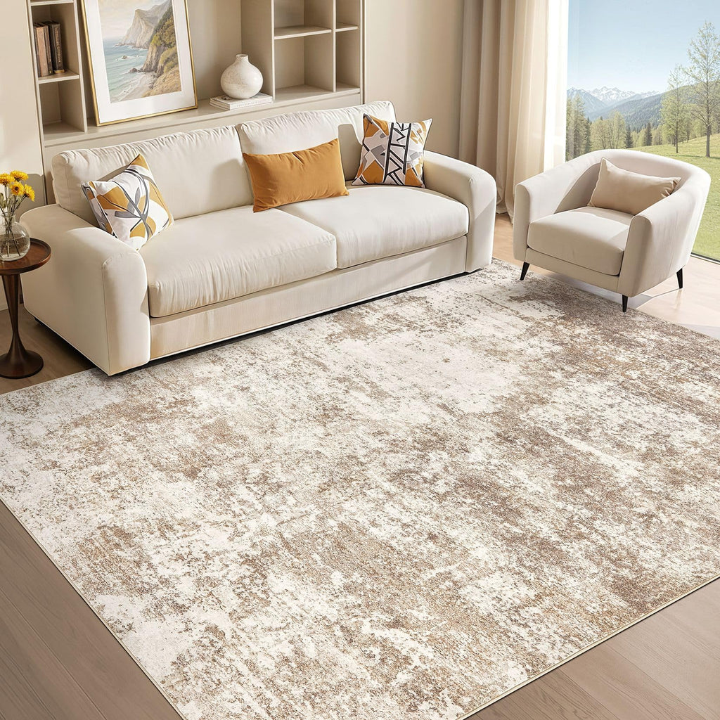Micgeek Area Rug Living Room - 12X15 Abstract Washable Large Soft Foldable Non Slip Rug Neutral Modern Low Pile Carpet for Bedroom Nursery Dining Room Farmhouse Home Office Indoor - Brown
