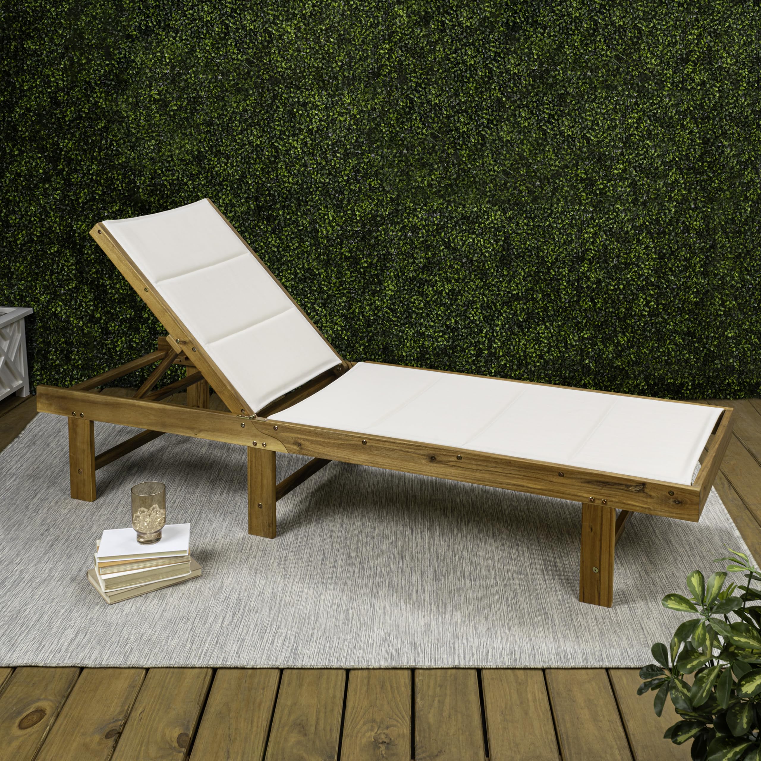 Eyely GNL1103A Quenyth 77.17"x26.38" Modern Minimalist Foldable Adjustable Wood Chaise Outdoor Lounge Chair, for Pool, Deck, Poolside, White/Natural