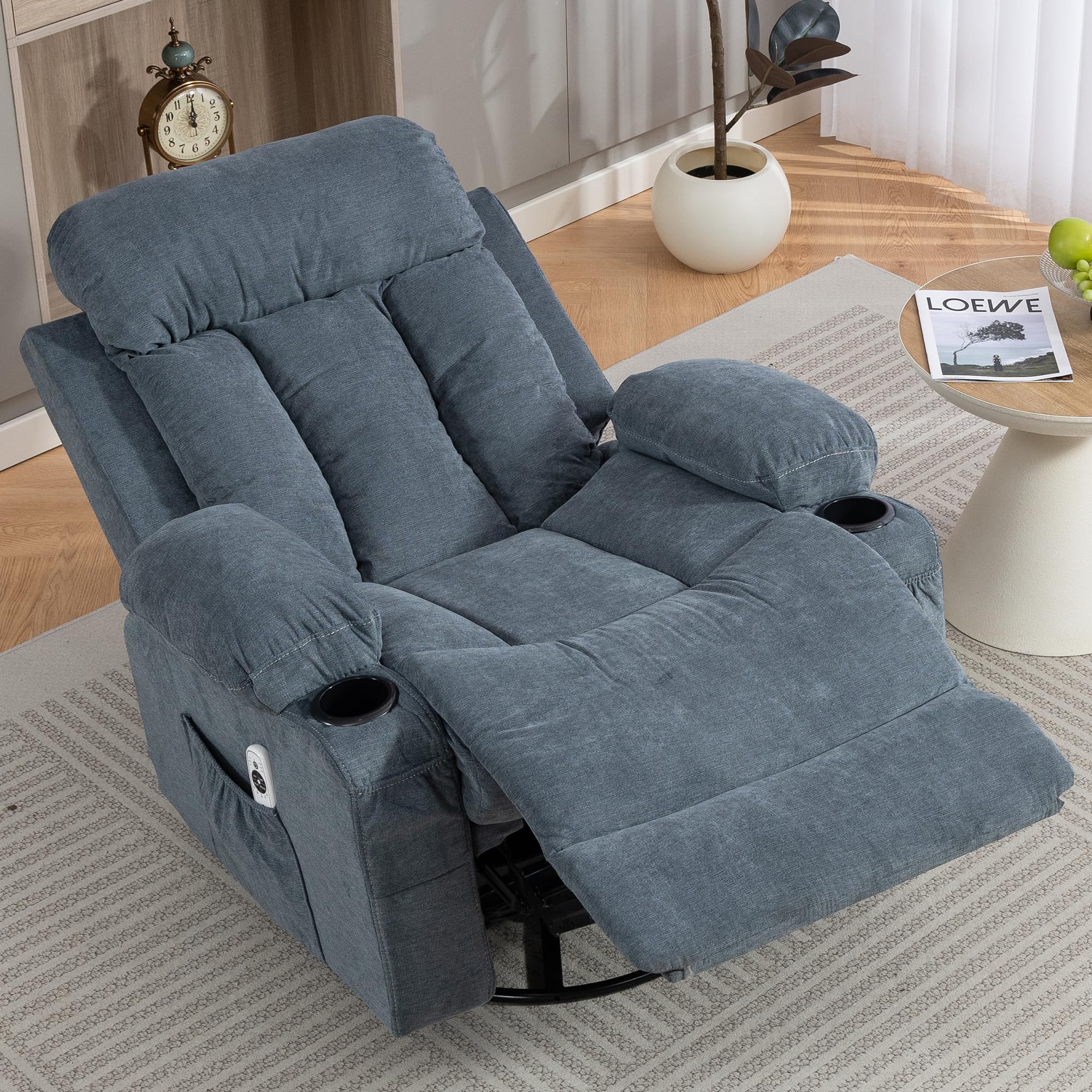 WiNVO 360° Swivel Rocking Chair, Rocker Recliner Chair with Vibration Massage and Heat, Ergonomic Lounge Chairs with Rocking Function and Side Pocket, Cup Holders, Blue