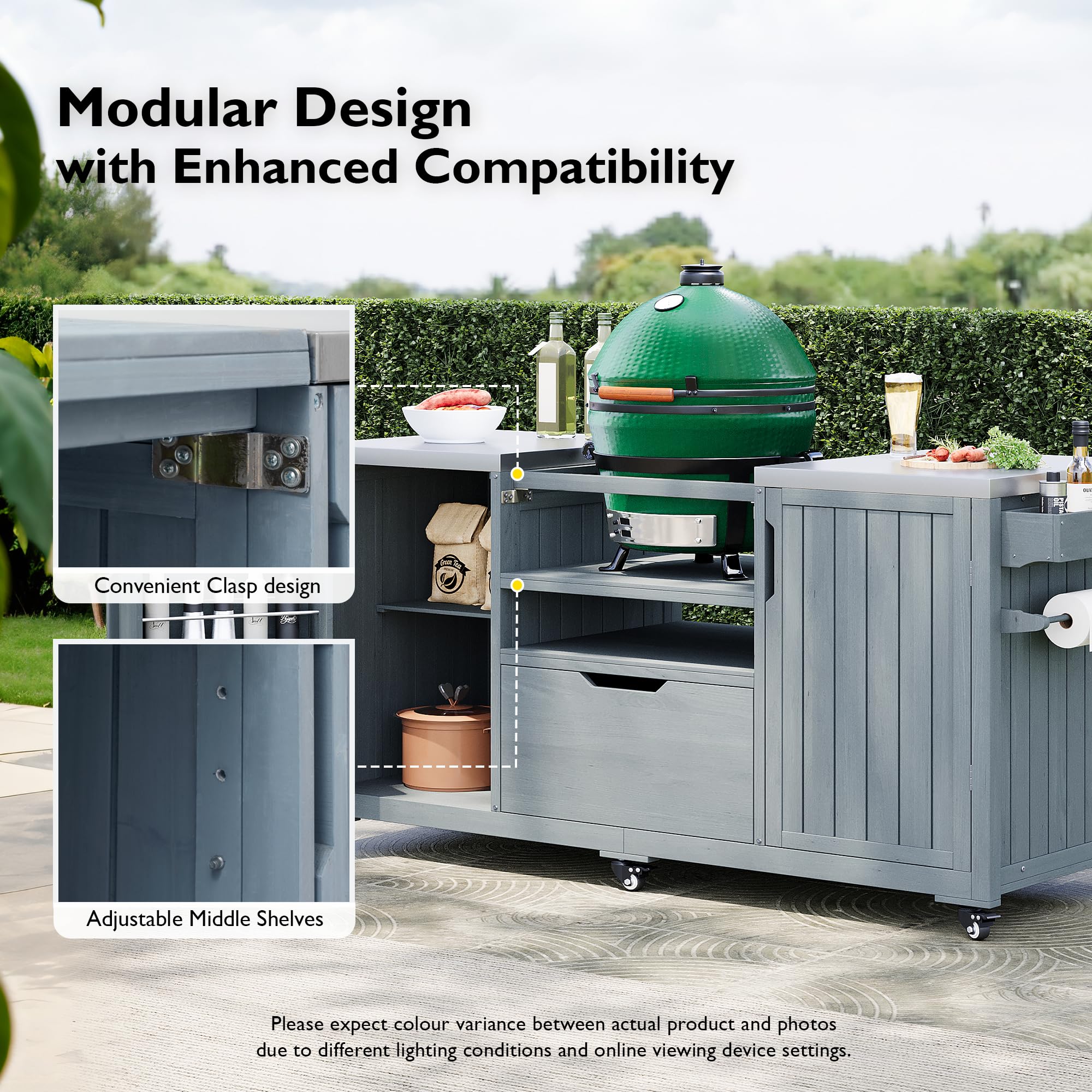 Merax Outdoor Grill Table for Big Green Egg Grills, 66.5" Patio Kitchen Island on Wheels with Stainless Steel Tabletop,Drawer and Spice Rack, Solid Wood Outdoor Storage Cabinet for Backyard, Grey Blue