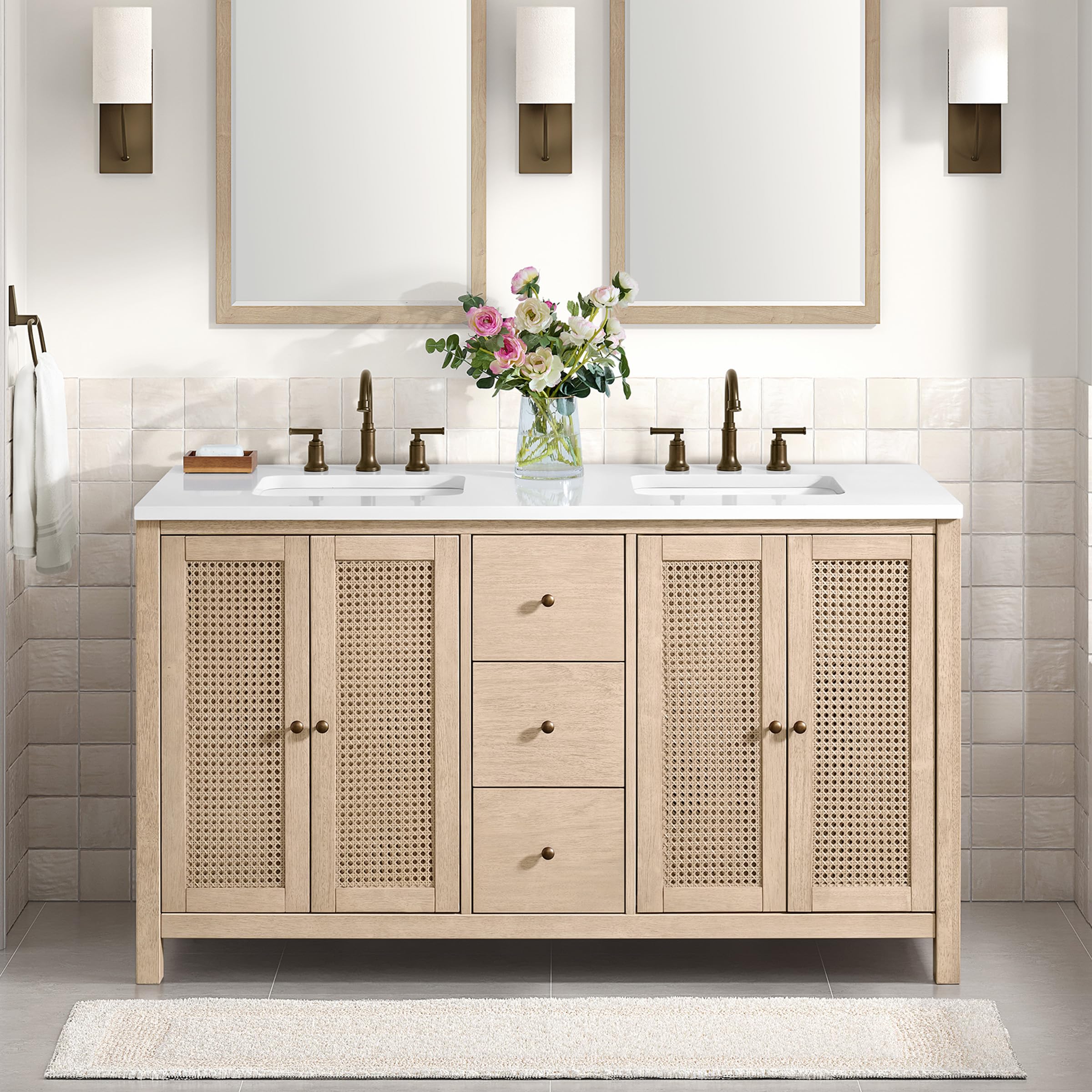 Alaterre Furniture Lucca Bathroom Vanity - Freestanding Cabinet Without Sink - 60 Inch Wood Bathroom Vanity with Soft-Close Doors and Three Drawers - for Double Sink Cabinet (Natural)